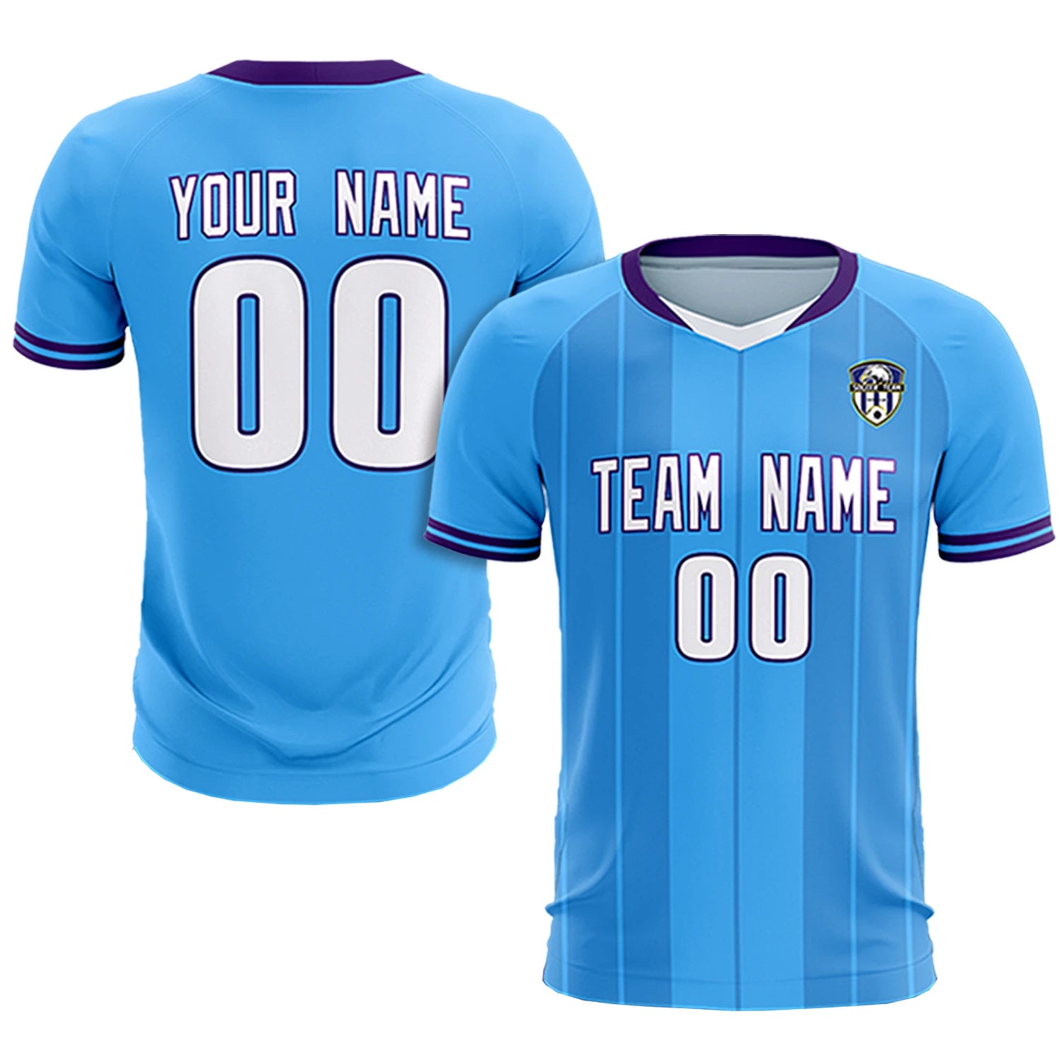 Custom Powder Blue White-Purple Design Uniform Soccer Sets Jersey