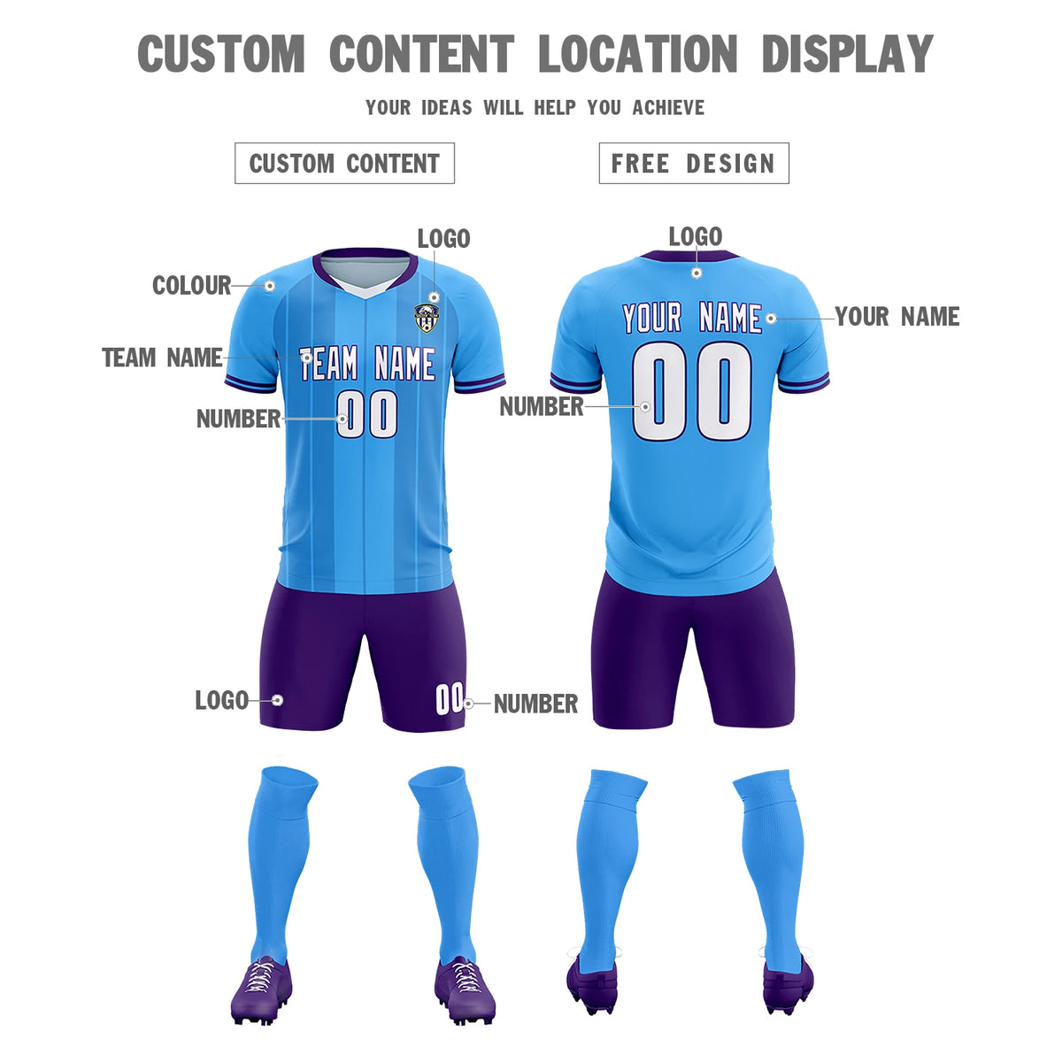 Custom Powder Blue White-Purple Design Uniform Soccer Sets Jersey