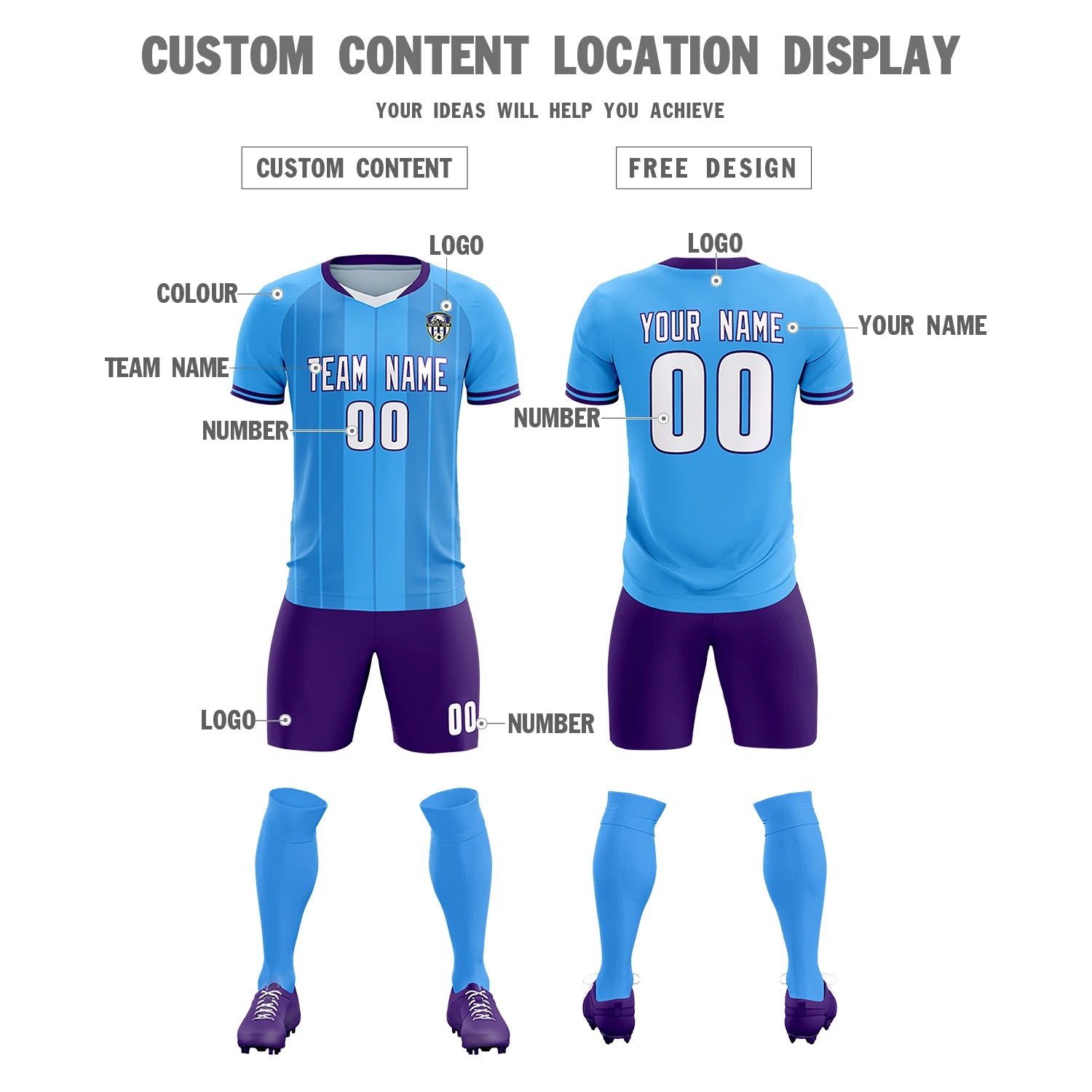 Custom Powder Blue White-Purple Design Uniform Soccer Sets Jersey