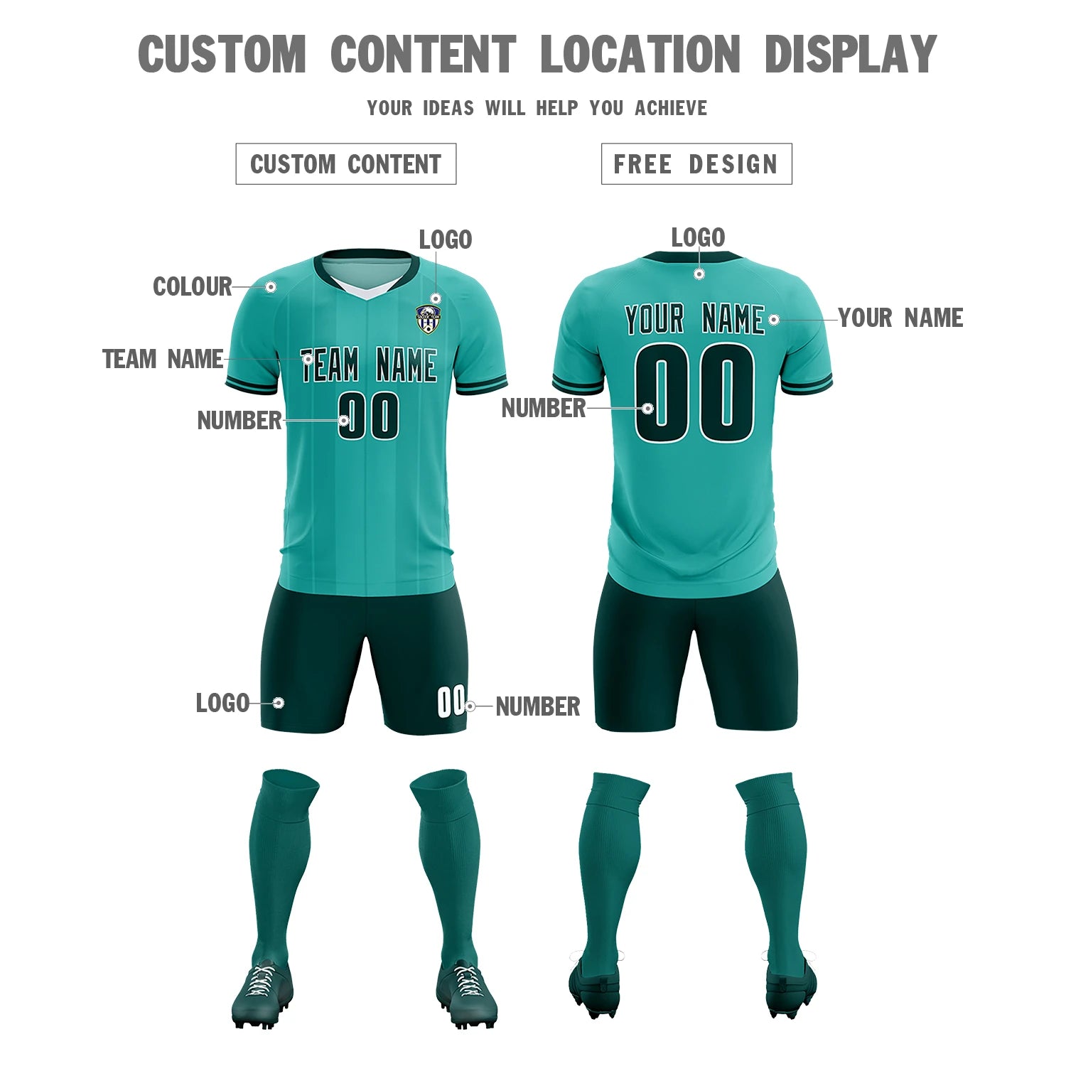 Custom Aqua White-Midnight Green Design Uniform Soccer Sets Jersey