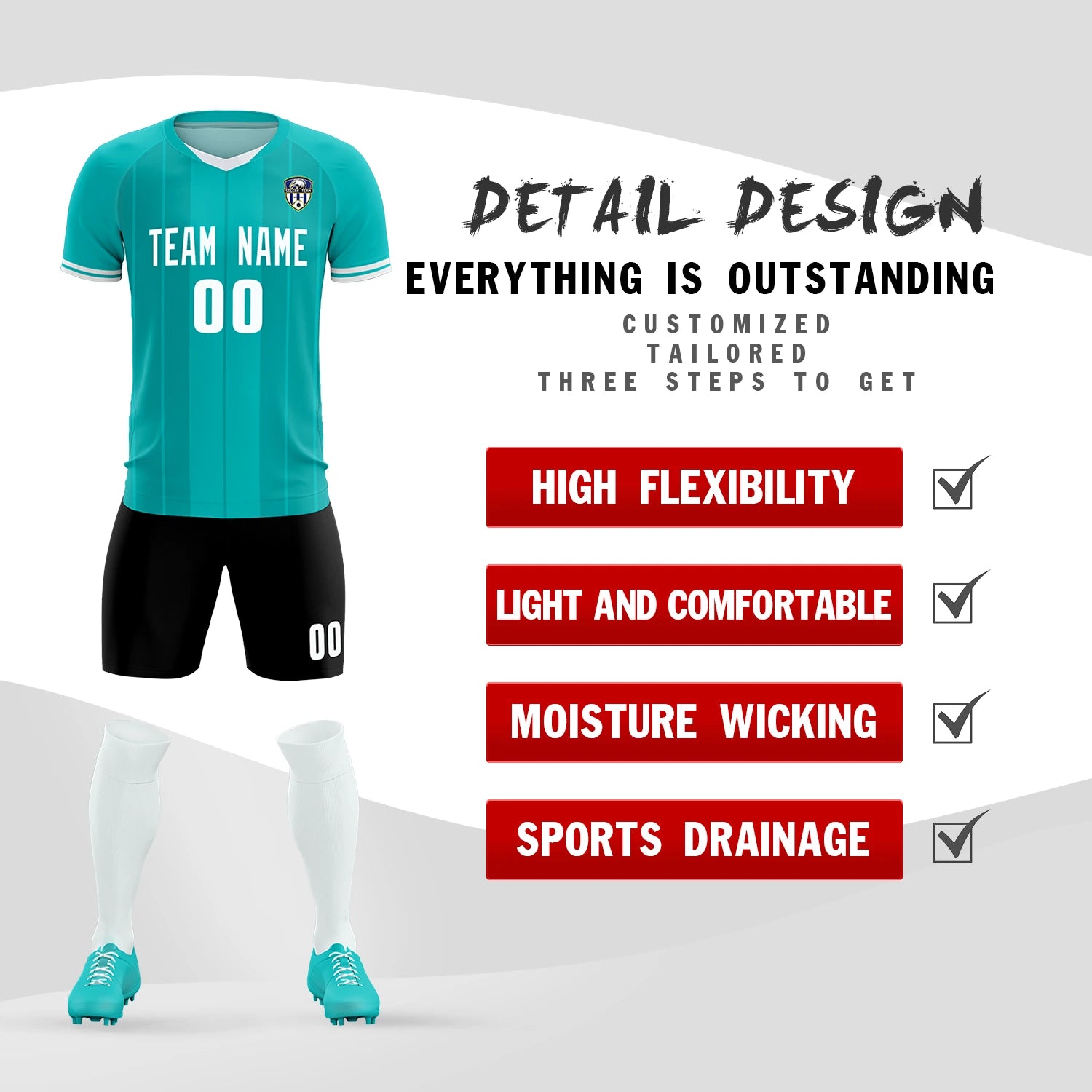 Custom Aqua White-Black Design Uniform Soccer Sets Jersey