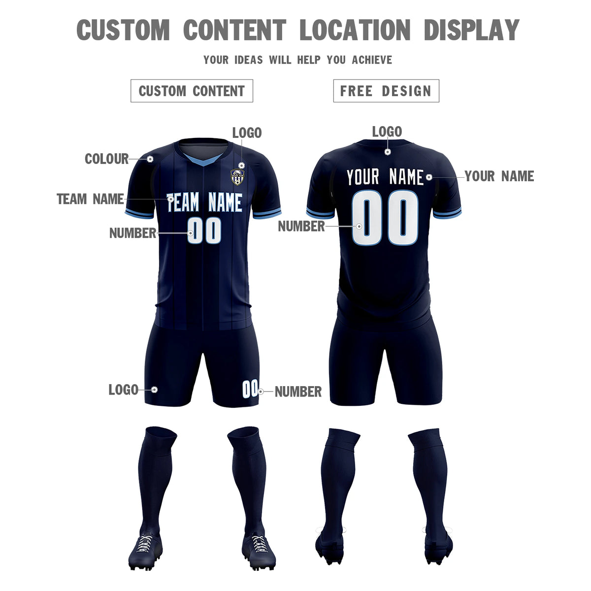 Custom Navy Light Blue-Navy Design Uniform Soccer Sets Jersey