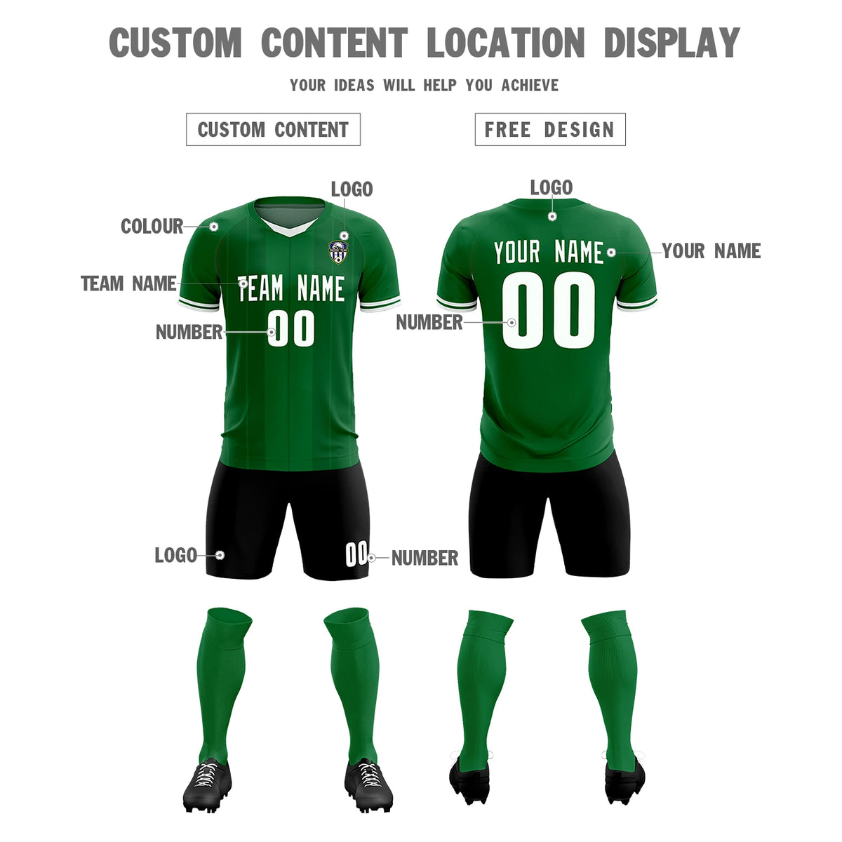Custom Kelly Green White-Black Design Uniform Soccer Sets Jersey