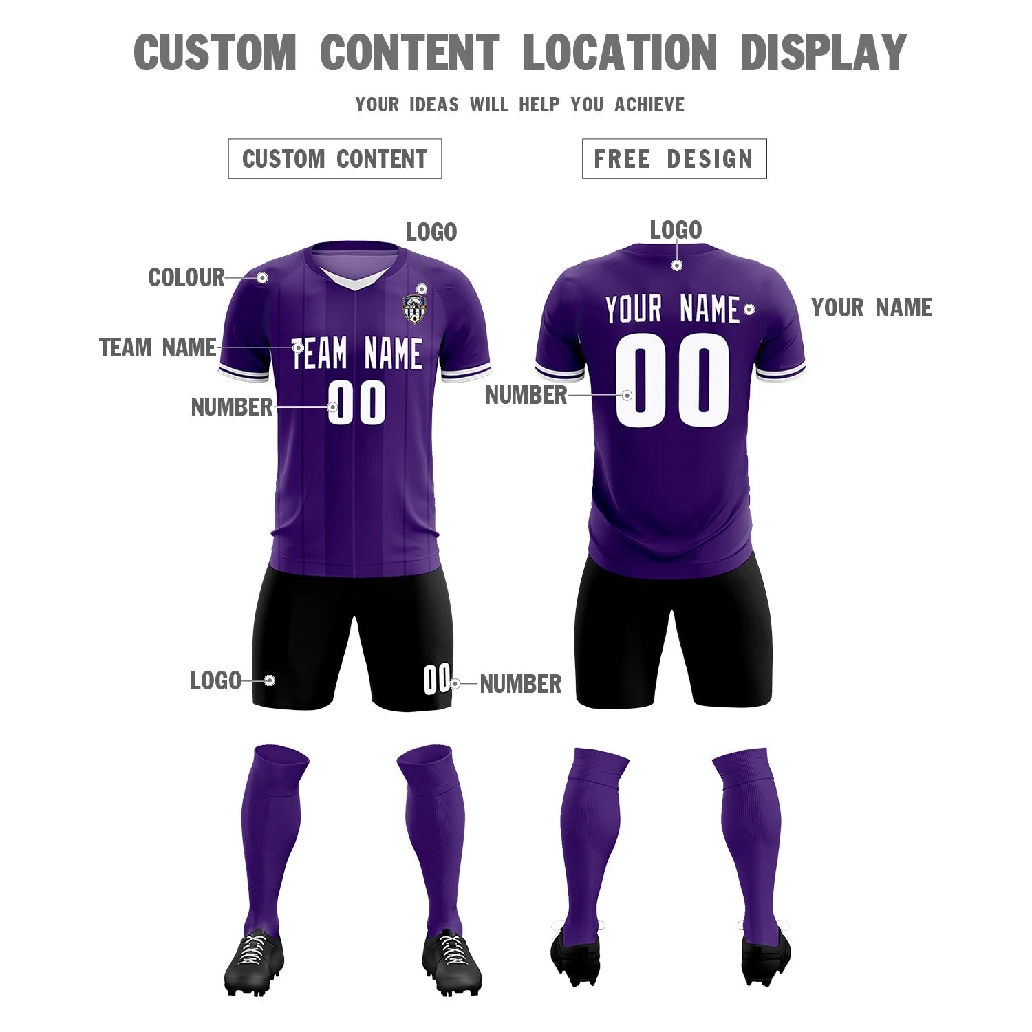 Custom Purple White-Black Design Uniform Soccer Sets Jersey