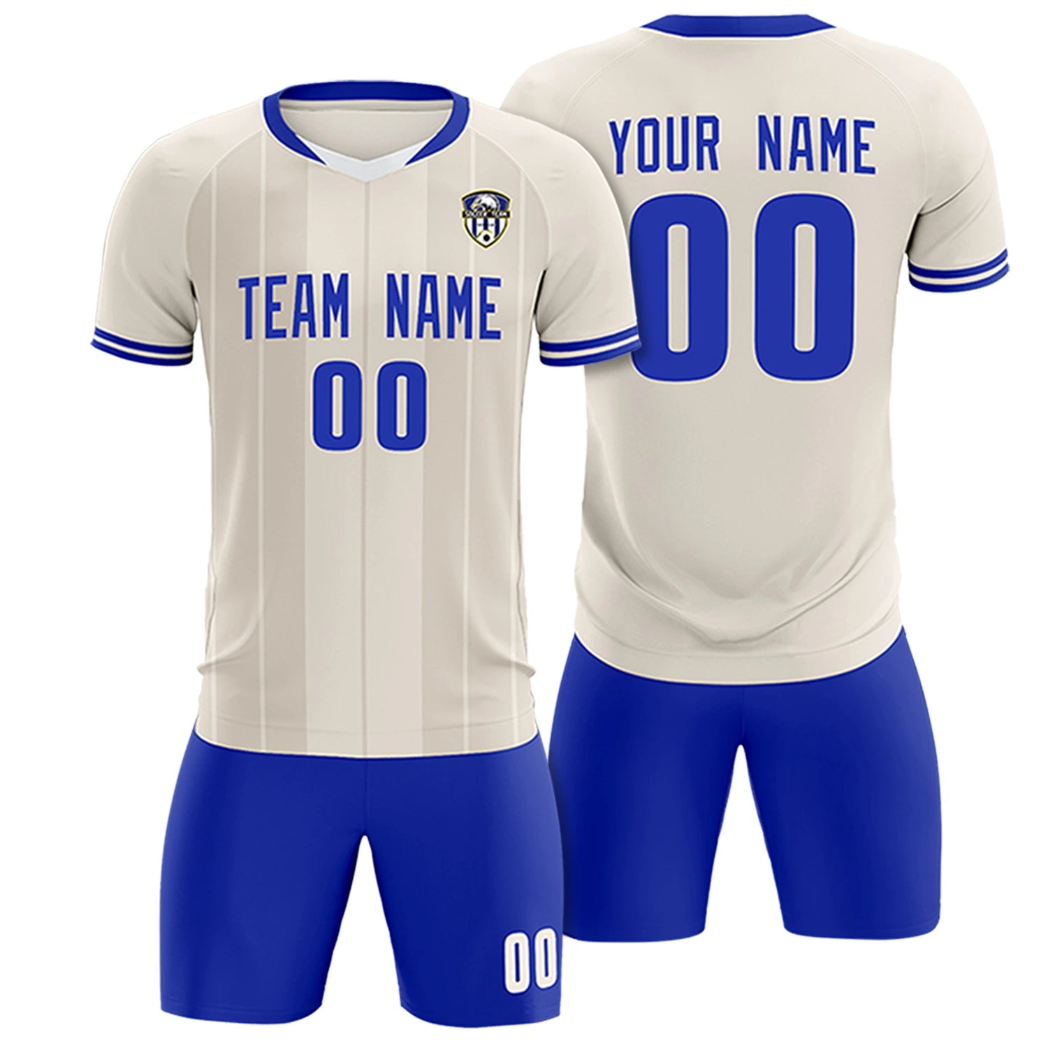 Custom Khaki White-Royal Blue Design Uniform Soccer Sets Jersey