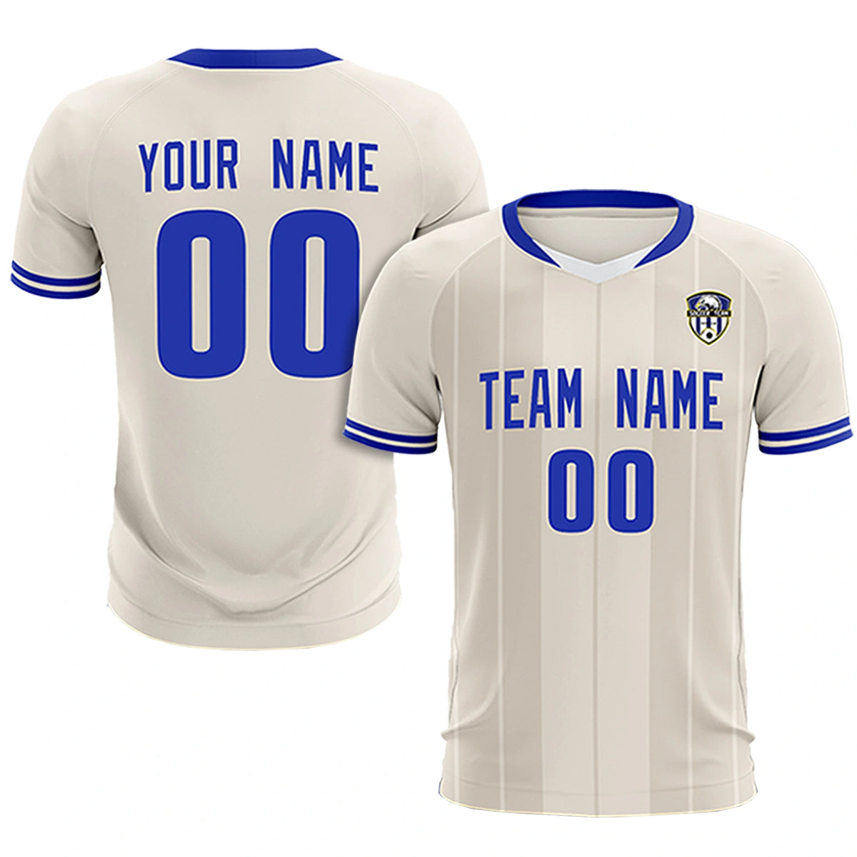 Custom Khaki White-Royal Blue Design Uniform Soccer Sets Jersey