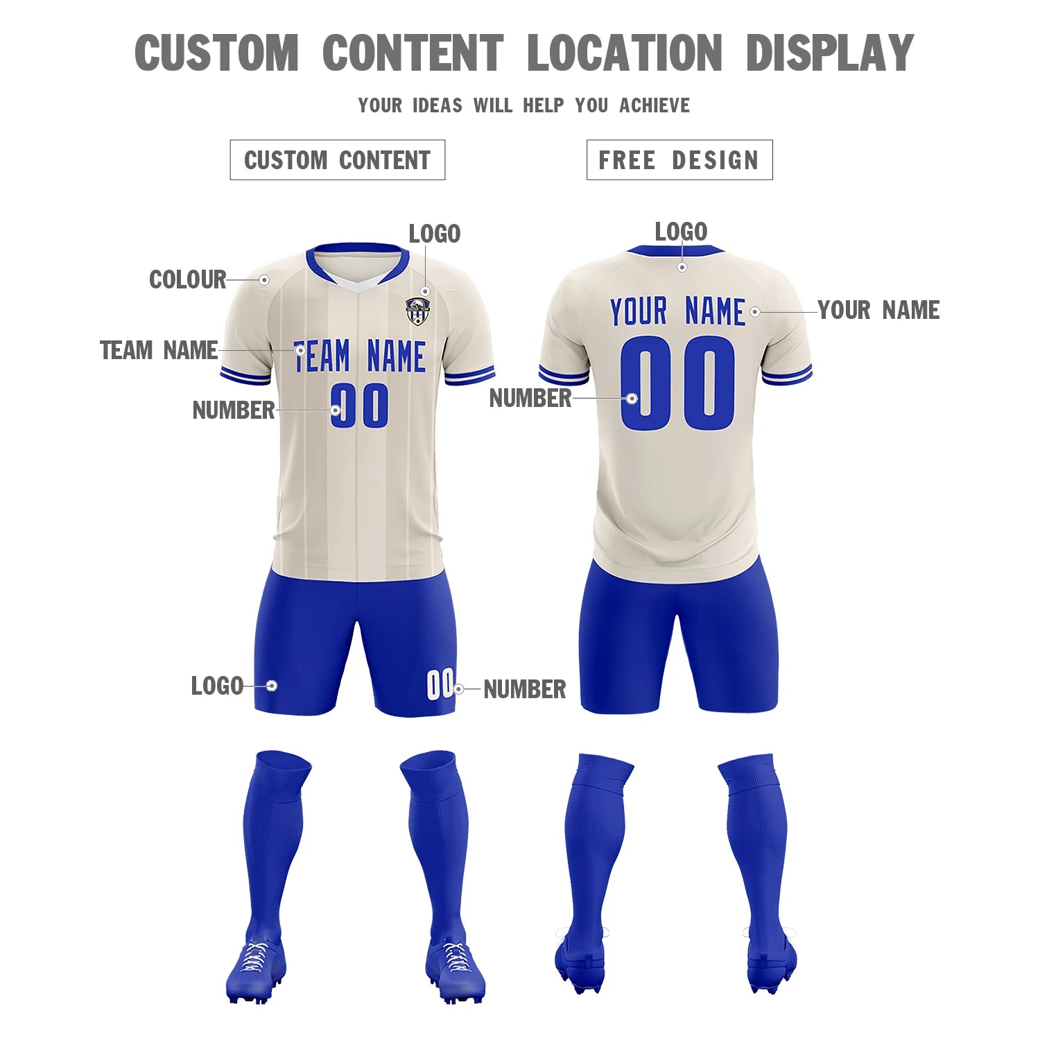 Custom Khaki White-Royal Blue Design Uniform Soccer Sets Jersey
