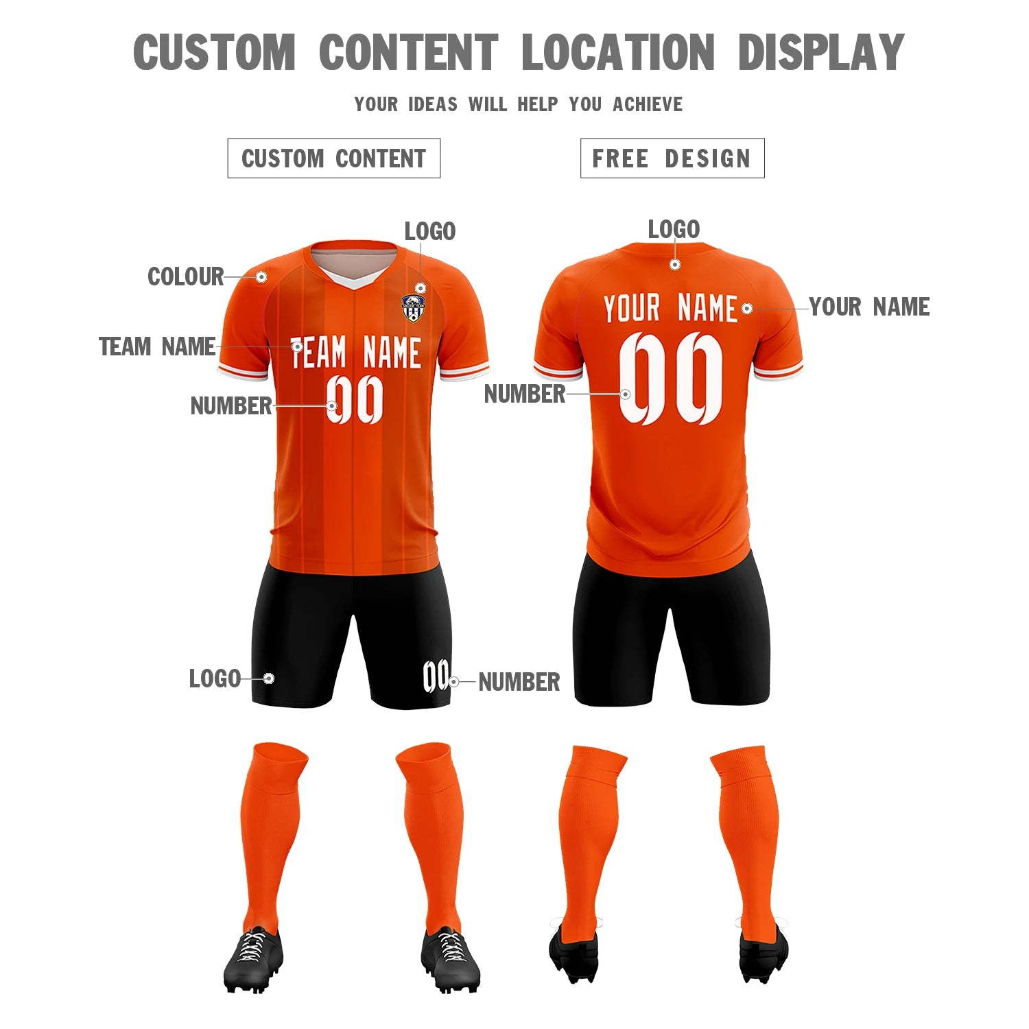 Custom Orange White-Black Design Uniform Soccer Sets Jersey