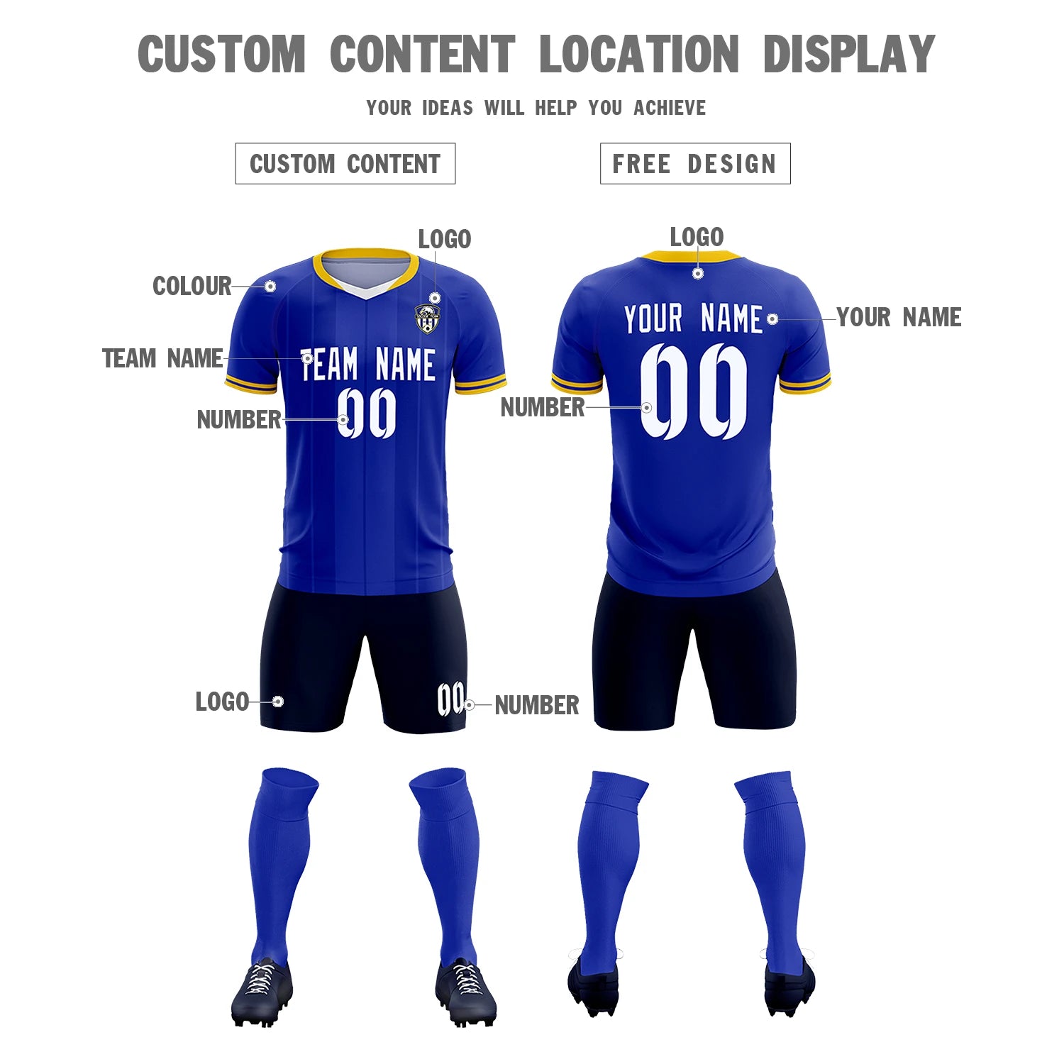 Custom Royal Blue-Old Gold Navy Design Uniform Soccer Sets Jersey