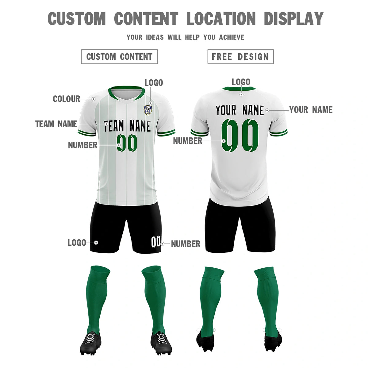 Custom White Kelly Green-Black Design Uniform Soccer Sets Jersey