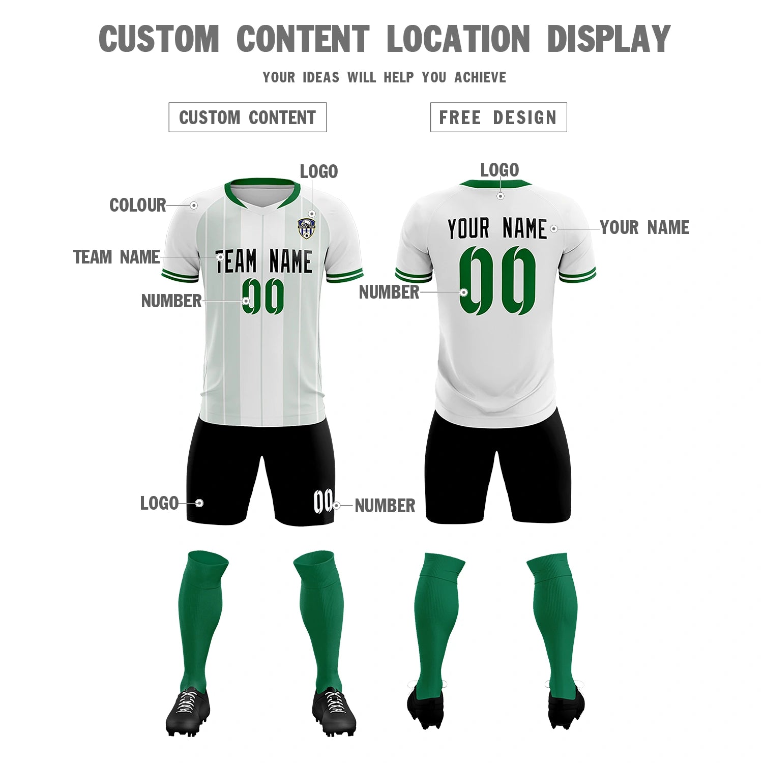 Custom White Kelly Green-Black Design Uniform Soccer Sets Jersey