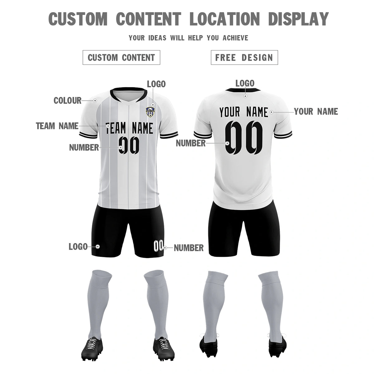 Custom White Black-Black Design Uniform Soccer Sets Jersey