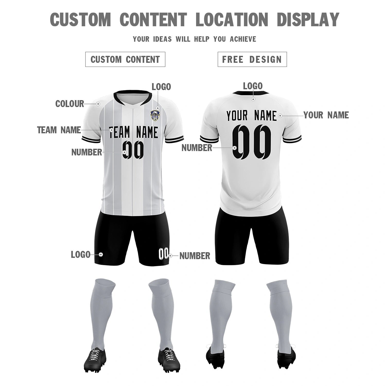 Custom White Black-Black Design Uniform Soccer Sets Jersey