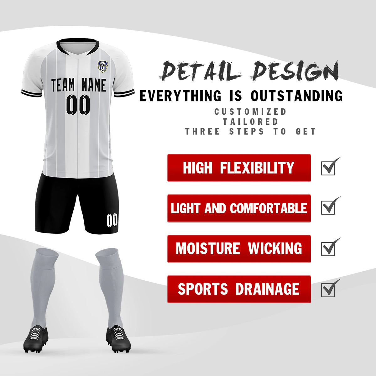 Custom White Black-Black Design Uniform Soccer Sets Jersey