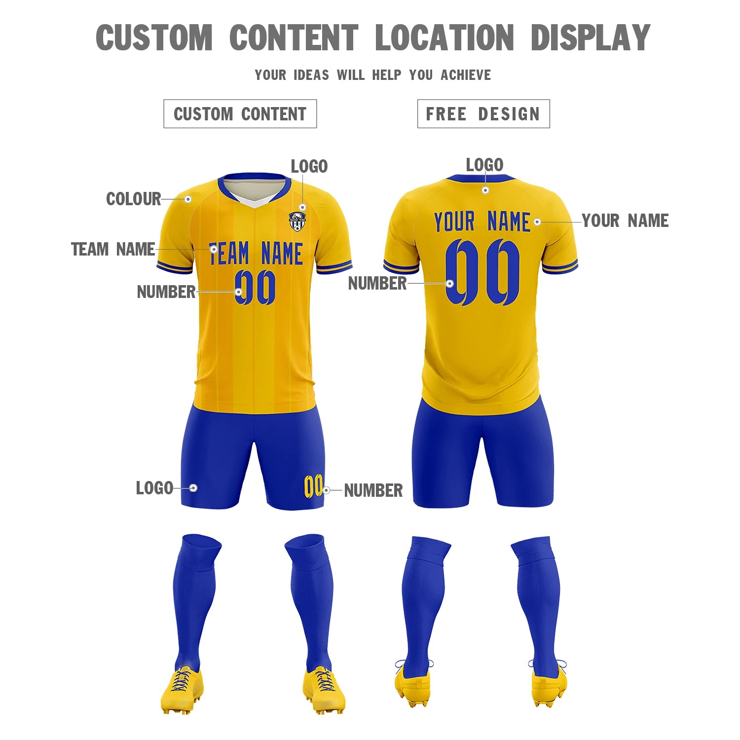 Custom Gold 01 White-Royal Blue Design Uniform Soccer Sets Jersey