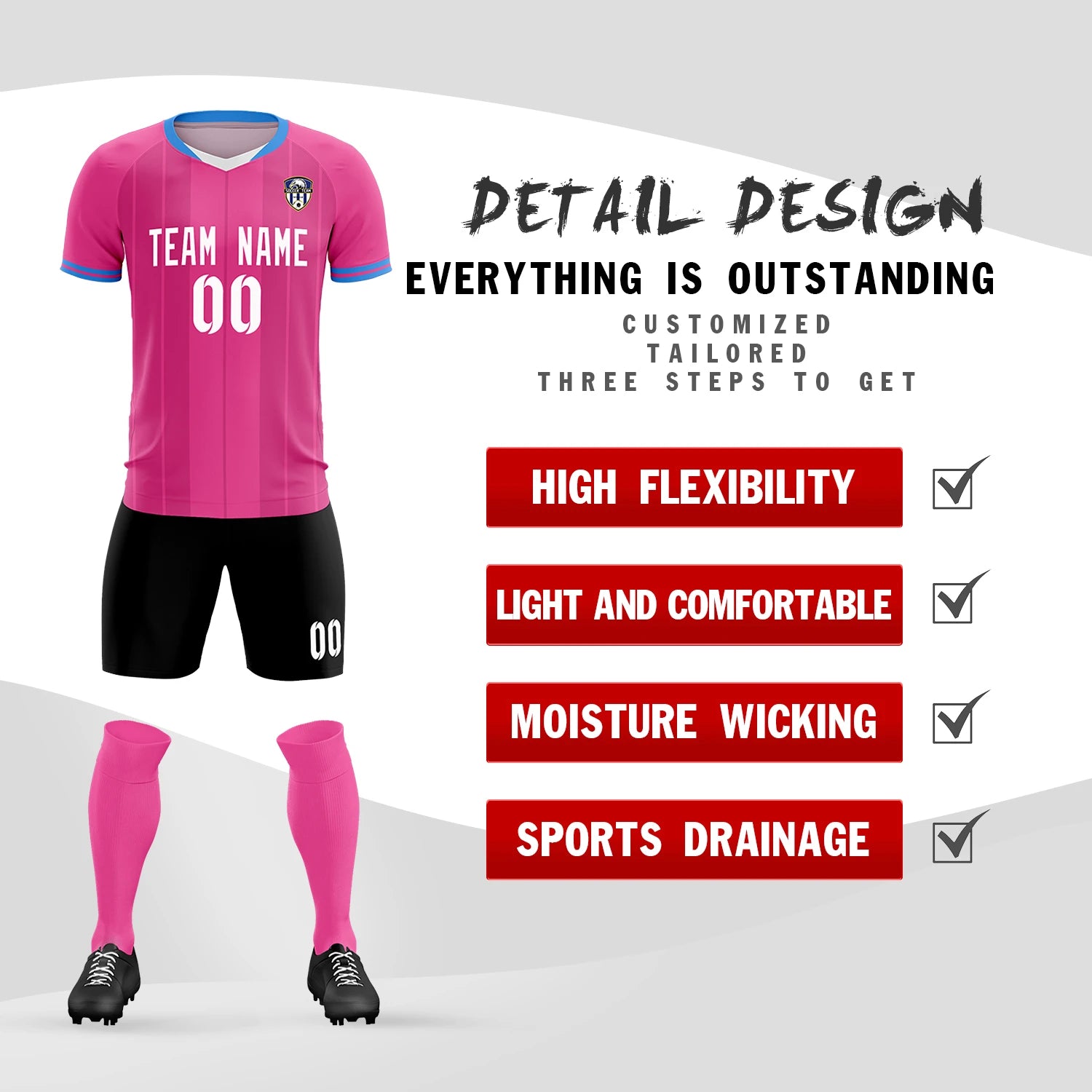 Custom Pink Powder Blue-Black Design Uniform Soccer Sets Jersey