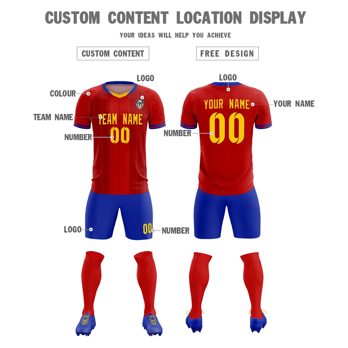 Custom Red Gold 01-Royal Blue Design Uniform Soccer Sets Jersey