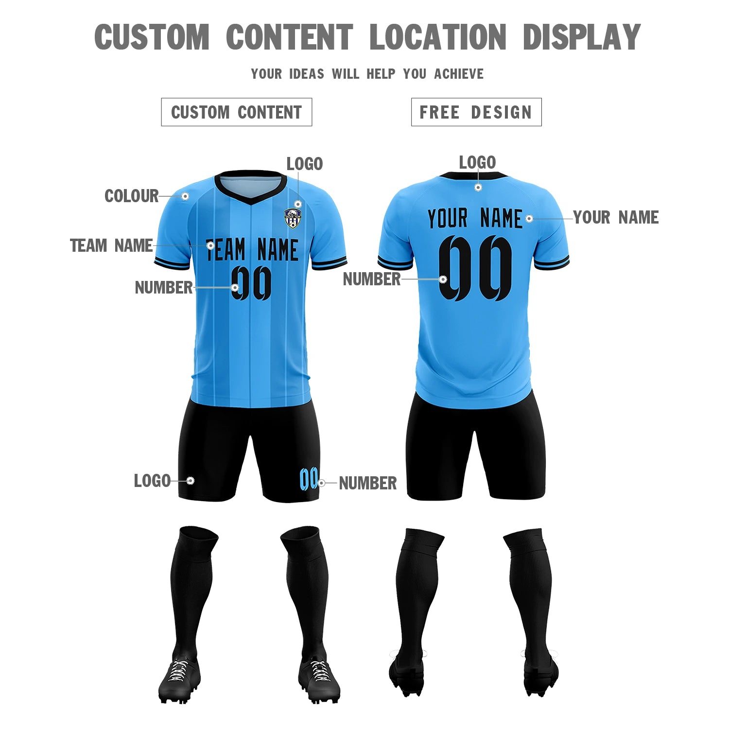 Custom Powder Blue Black-Black Design Uniform Soccer Sets Jersey