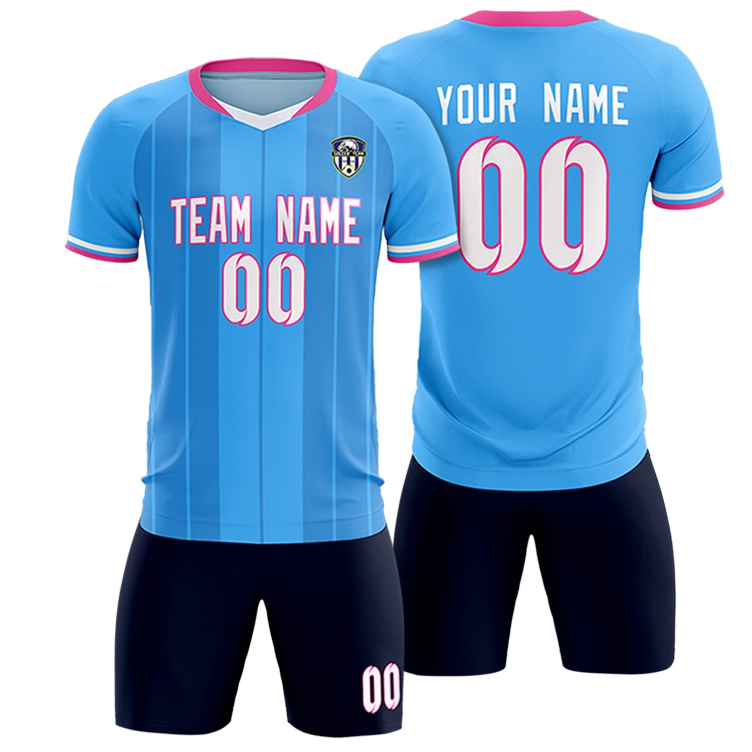 Custom Powder Blue Pink-Navy Design Uniform Soccer Sets Jersey