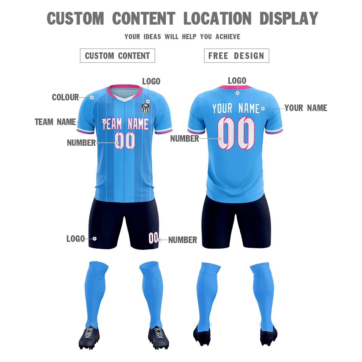 Custom Powder Blue Pink-Navy Design Uniform Soccer Sets Jersey