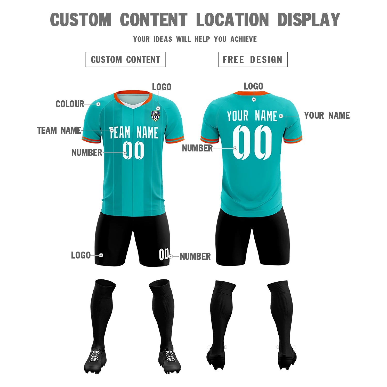 Custom Aqua Orange-Black Design Uniform Soccer Sets Jersey