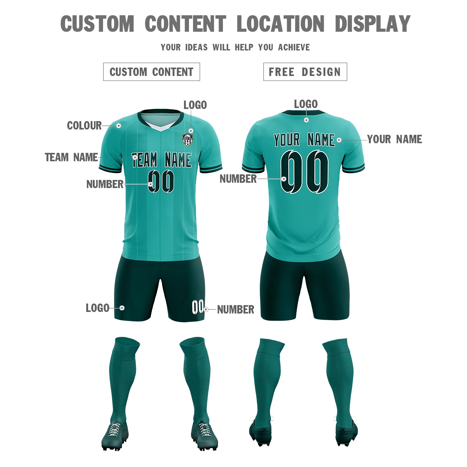 Custom Aqua White-Midnight Green Design Uniform Soccer Sets Jersey