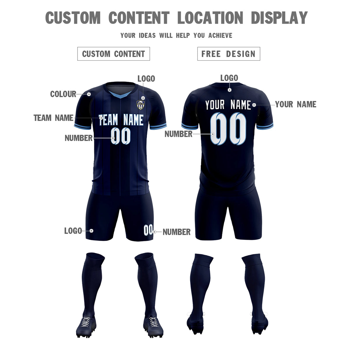Custom Navy Light Blue-Navy Design Uniform Soccer Sets Jersey