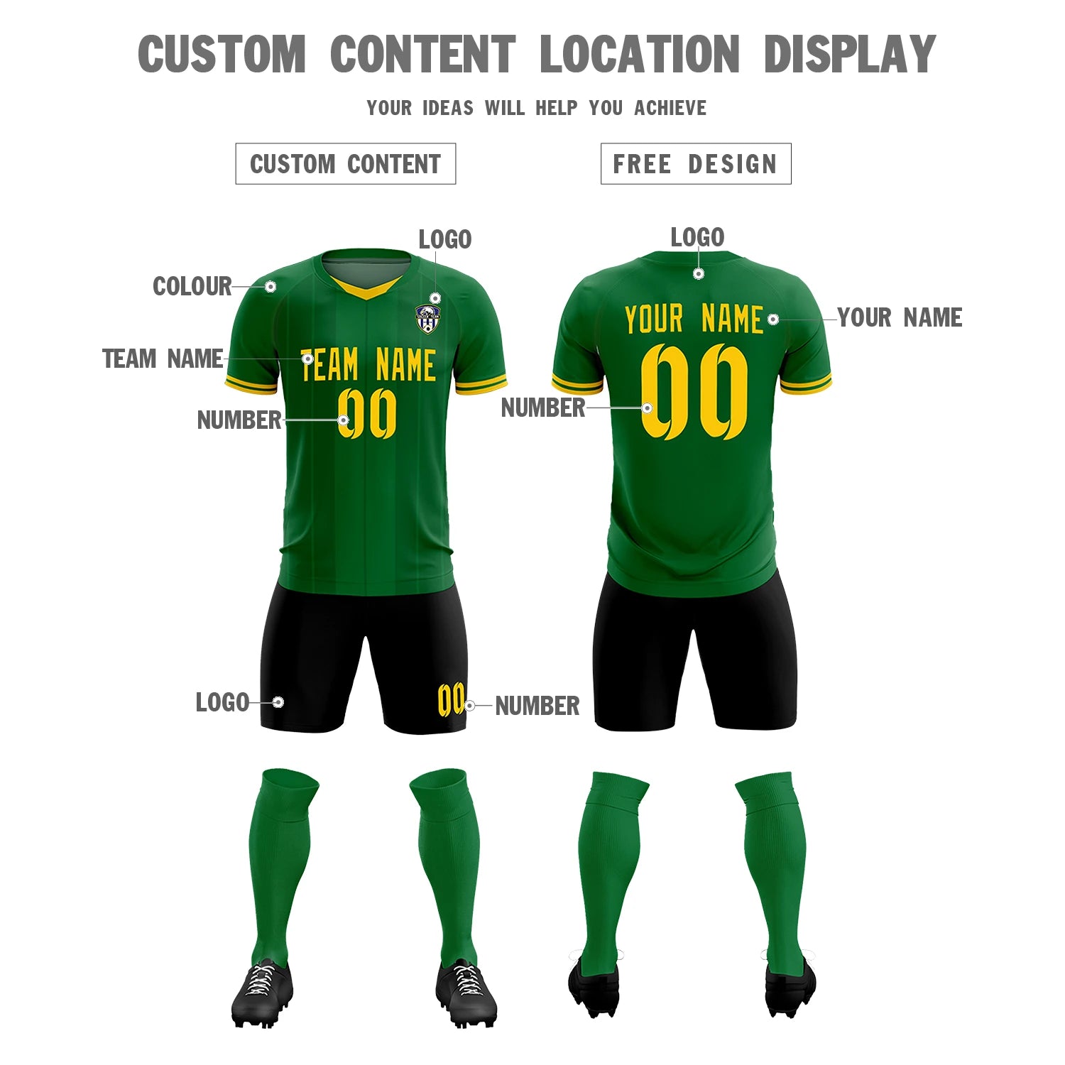 Custom Kelly Green Gold 01-Black Design Uniform Soccer Sets Jersey