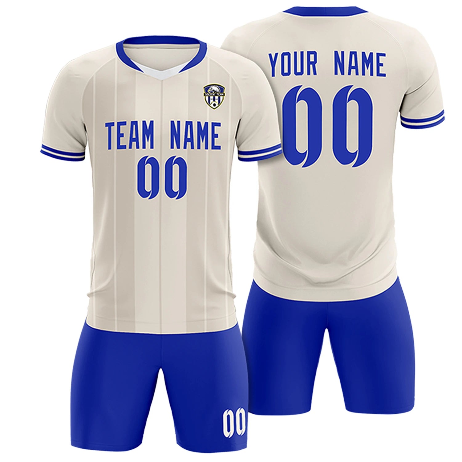 Custom Khaki White-Royal Blue Design Uniform Soccer Sets Jersey
