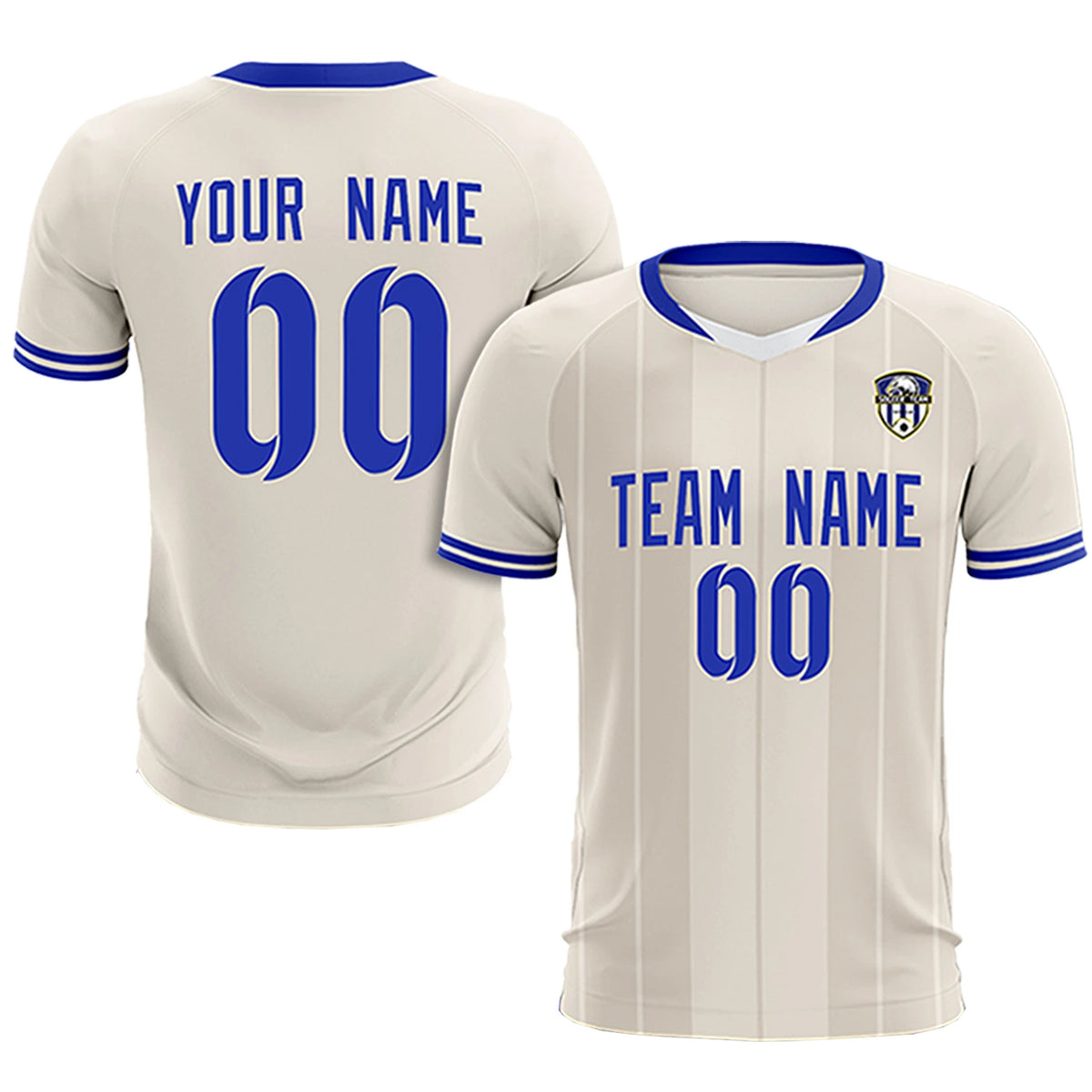 Custom Khaki White-Royal Blue Design Uniform Soccer Sets Jersey