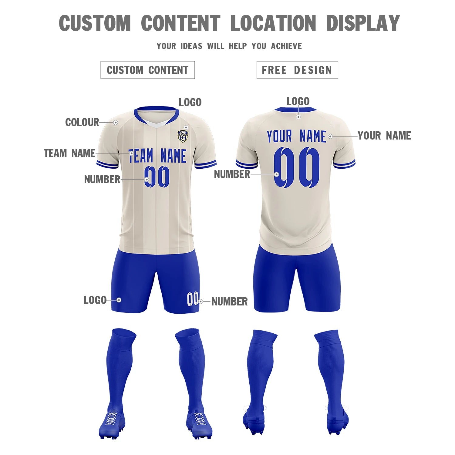 Custom Khaki White-Royal Blue Design Uniform Soccer Sets Jersey