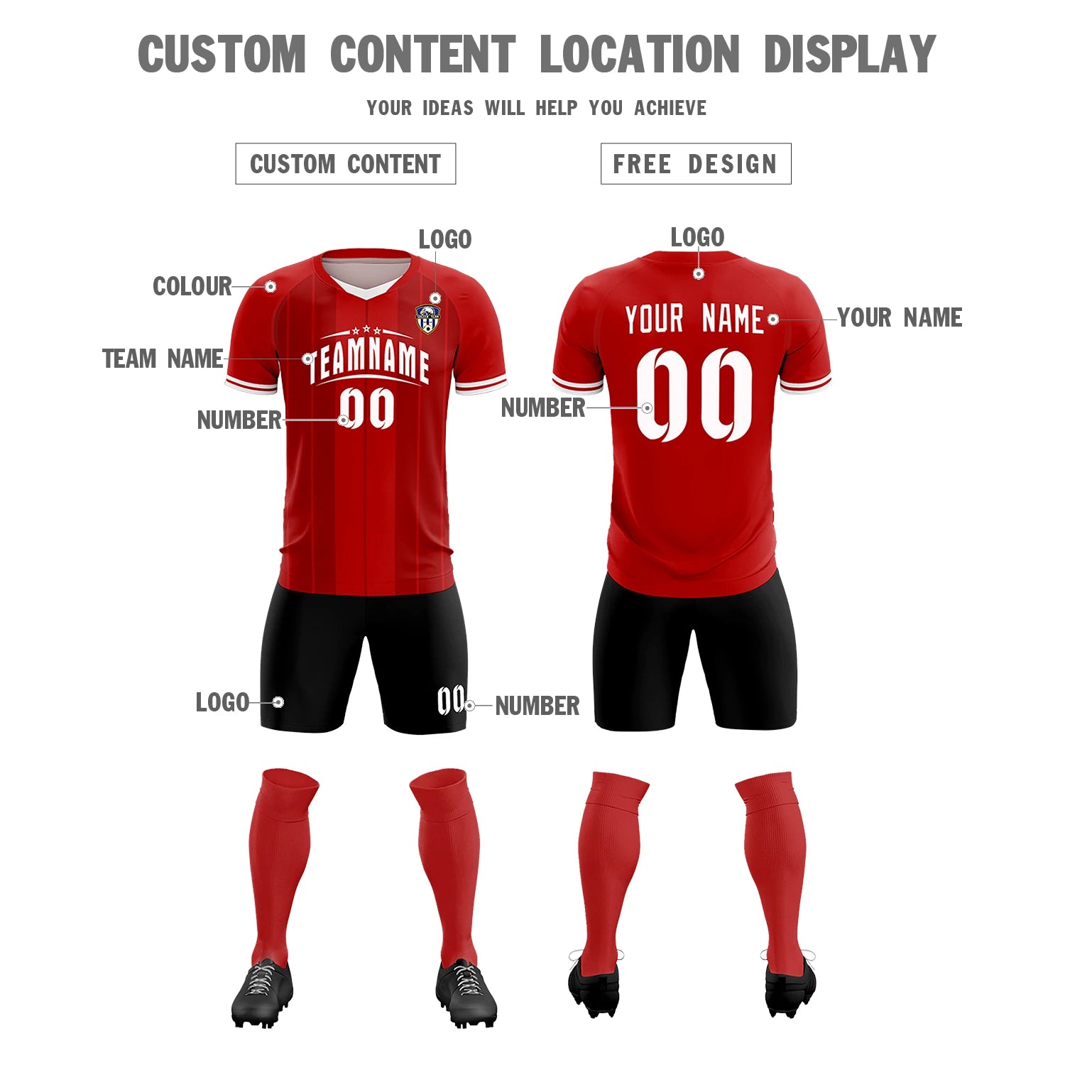 Custom Red White-Black Design Uniform Soccer Sets Jersey