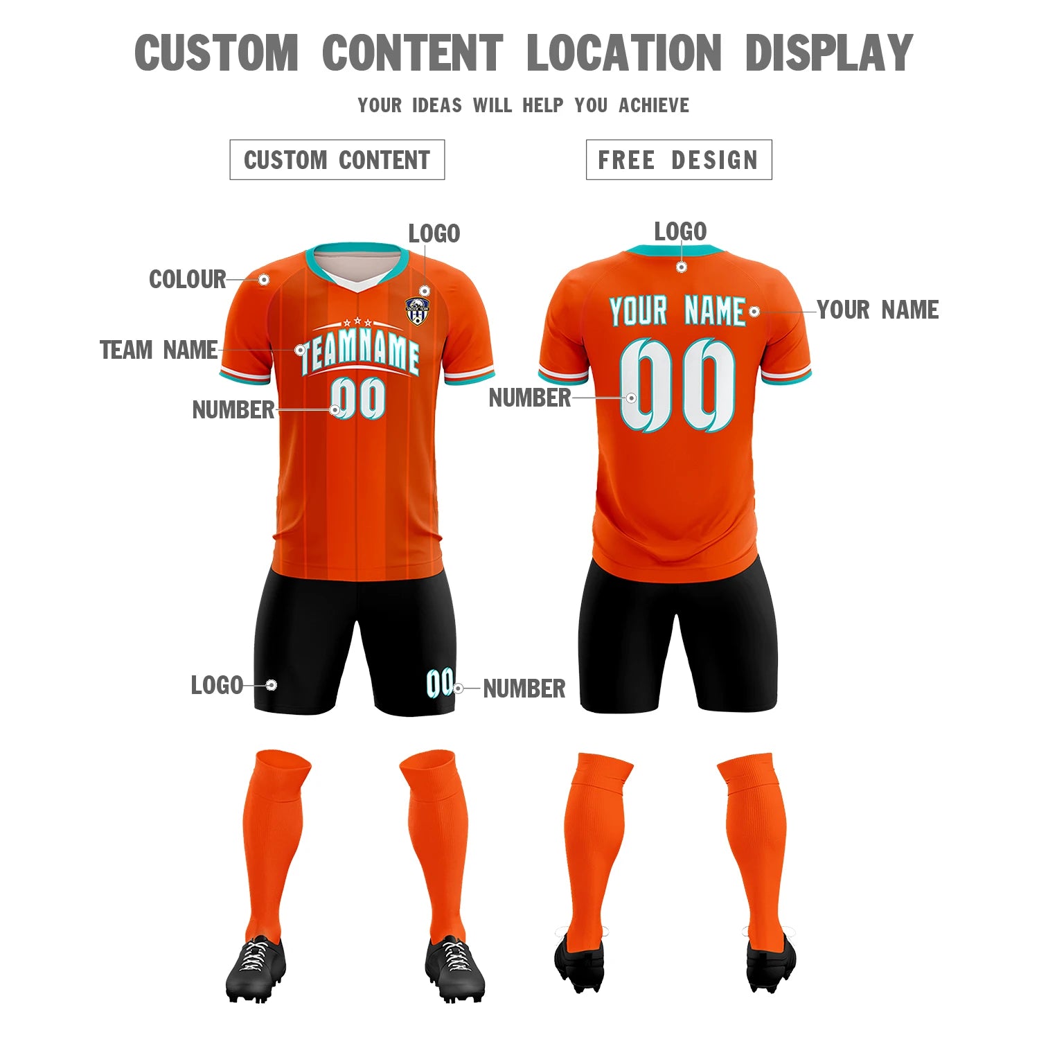 Custom Orange Aqua-Black Design Uniform Soccer Sets Jersey