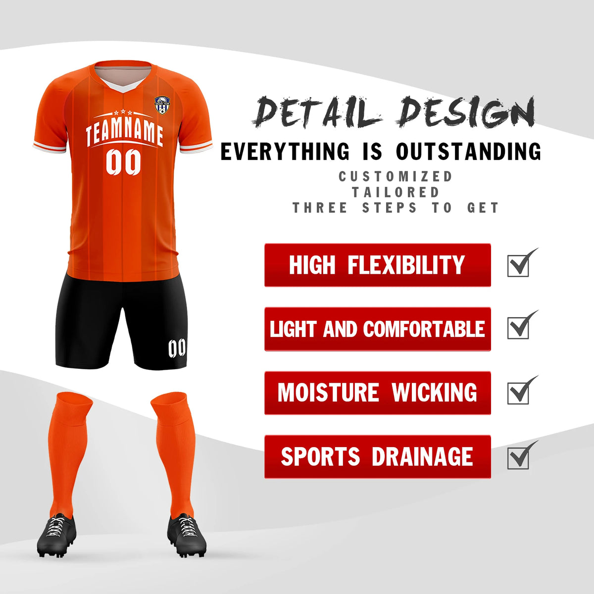 Custom Orange White-Black Design Uniform Soccer Sets Jersey
