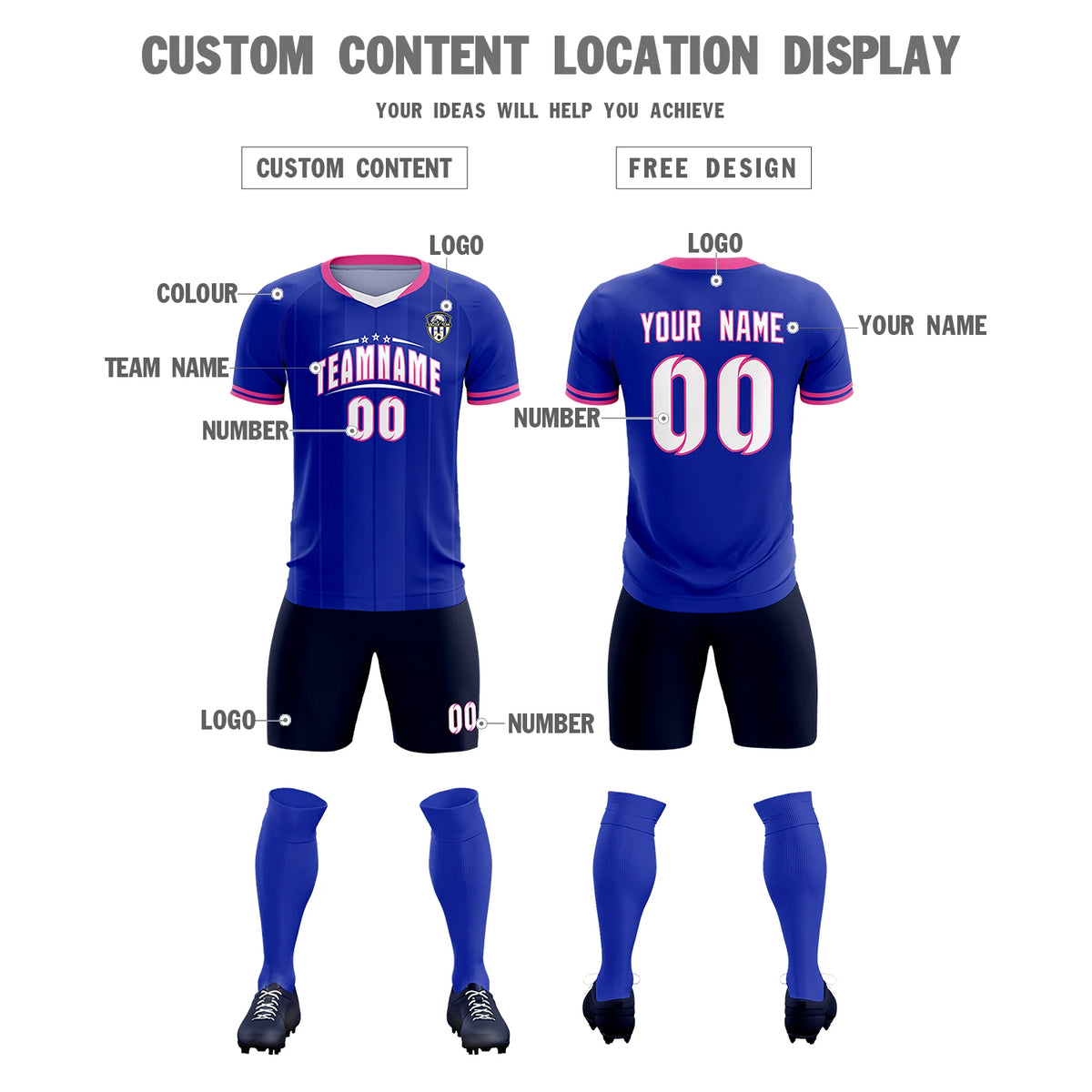 Custom Royal Blue-Pink Navy Design Uniform Soccer Sets Jersey