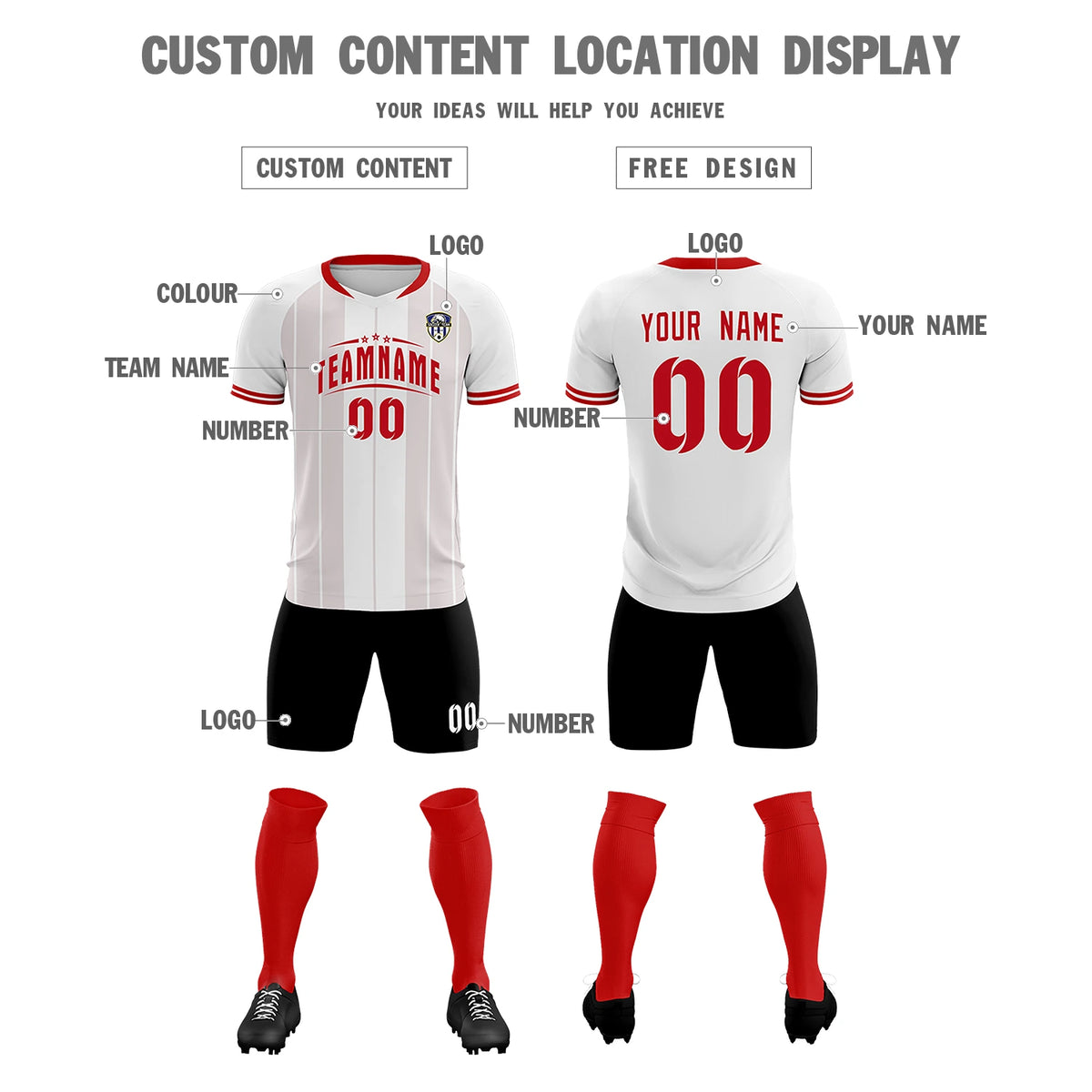Custom White Red-Black Design Uniform Soccer Sets Jersey