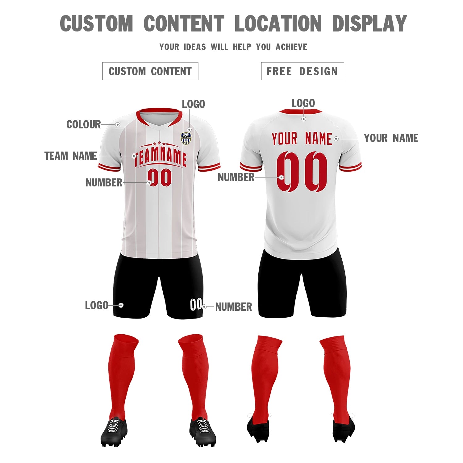 Custom White Red-Black Design Uniform Soccer Sets Jersey