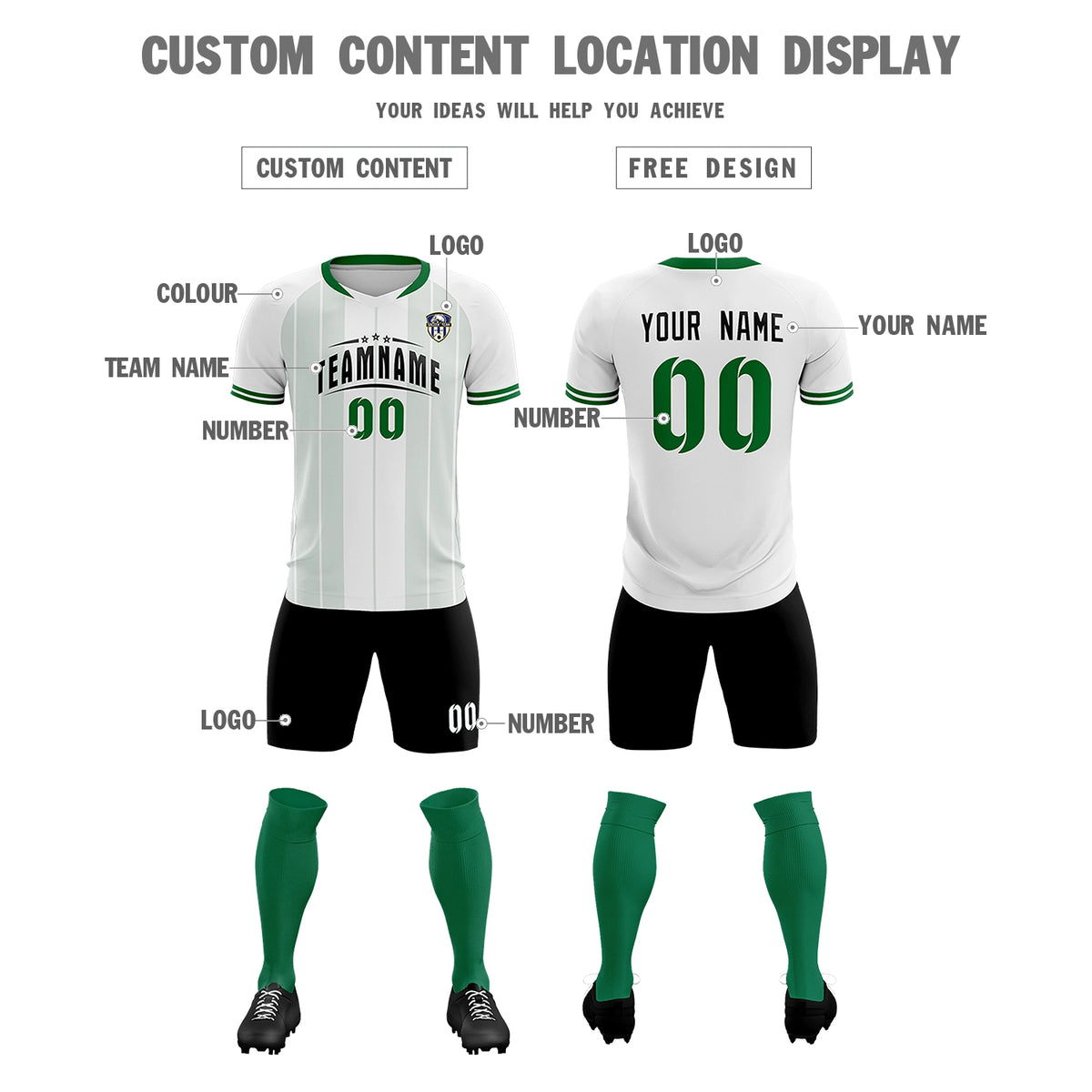 Custom White Kelly Green-Black Design Uniform Soccer Sets Jersey
