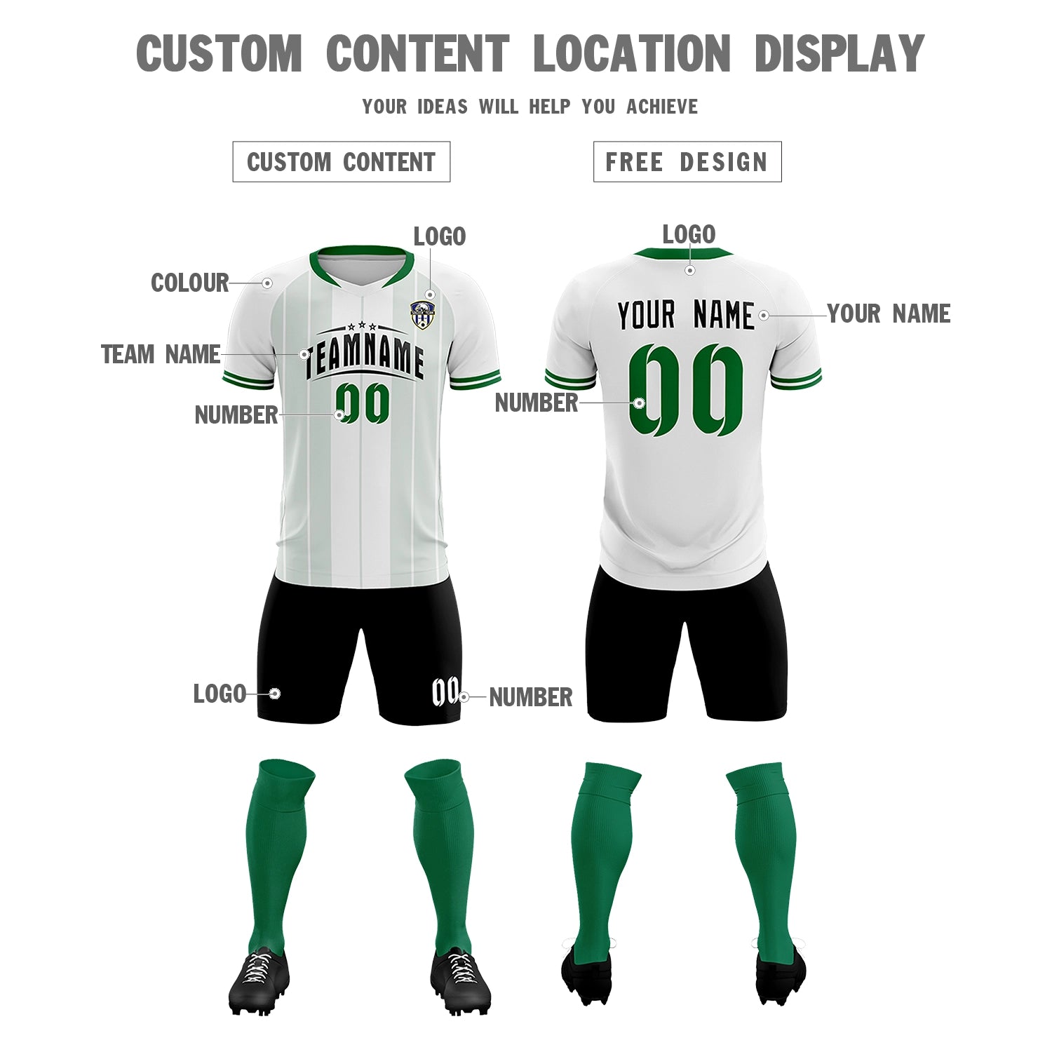 Custom White Kelly Green-Black Design Uniform Soccer Sets Jersey