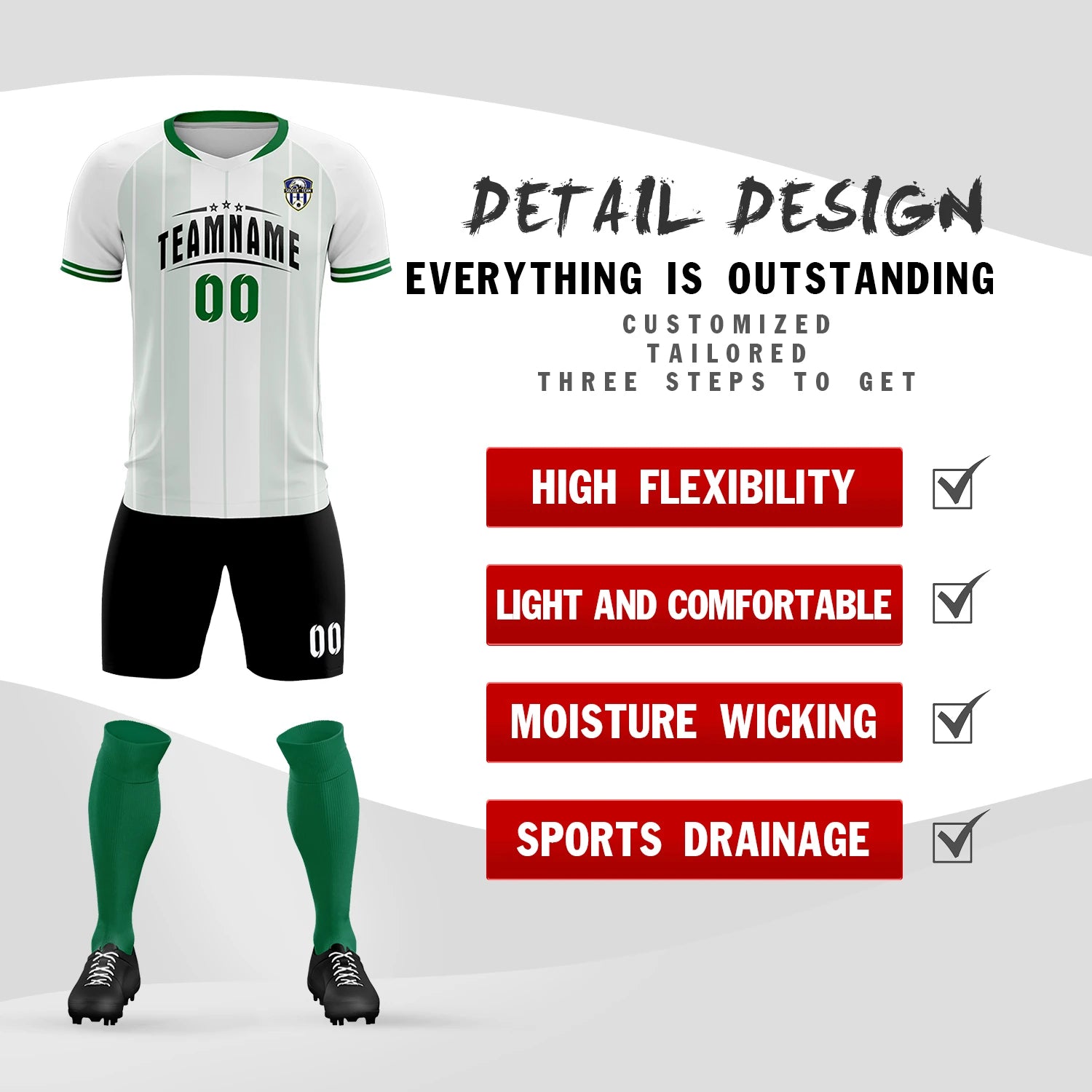 Custom White Kelly Green-Black Design Uniform Soccer Sets Jersey