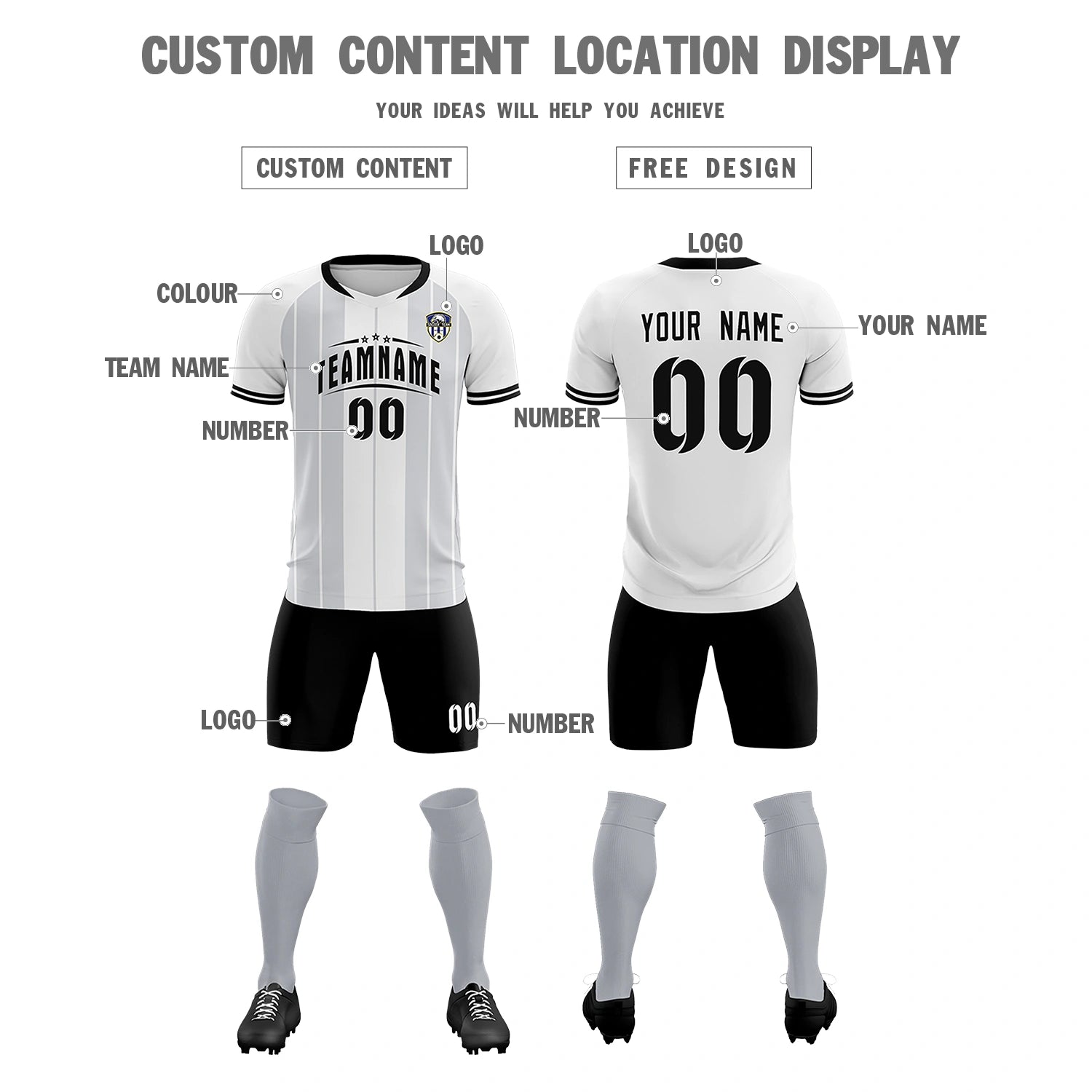Custom White Black-Black Design Uniform Soccer Sets Jersey