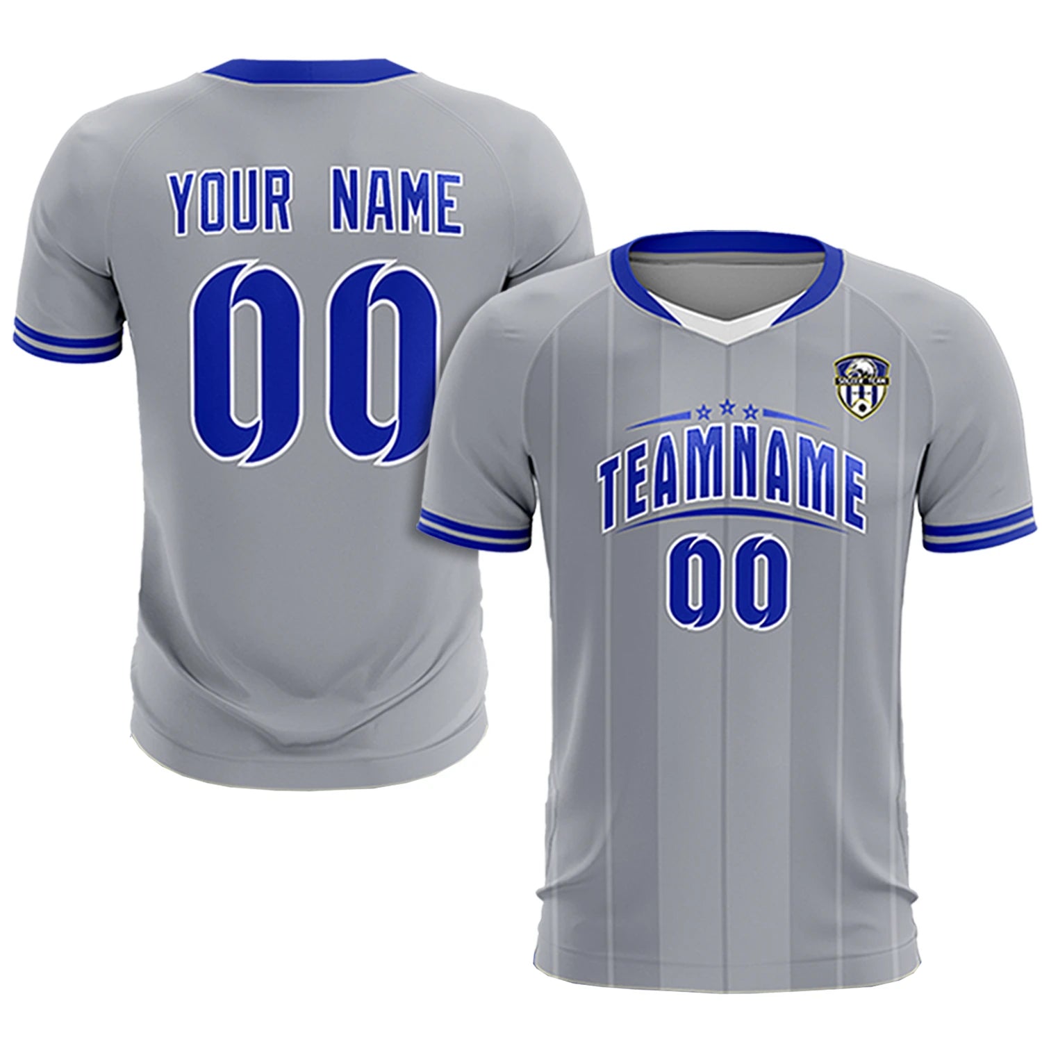 Custom Gray White-Royal Blue Design Uniform Soccer Sets Jersey