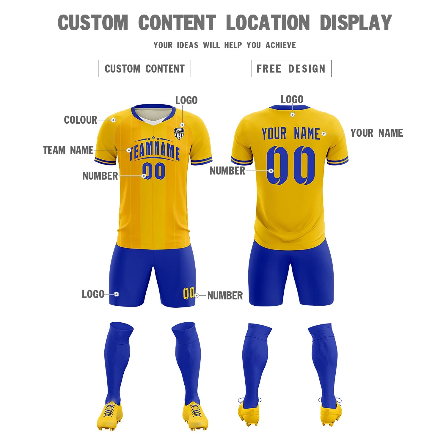 Custom Gold 01 White-Royal Blue Design Uniform Soccer Sets Jersey