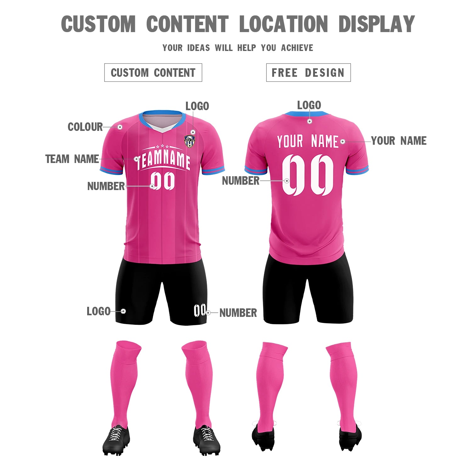 Custom Pink Powder Blue-Black Design Uniform Soccer Sets Jersey