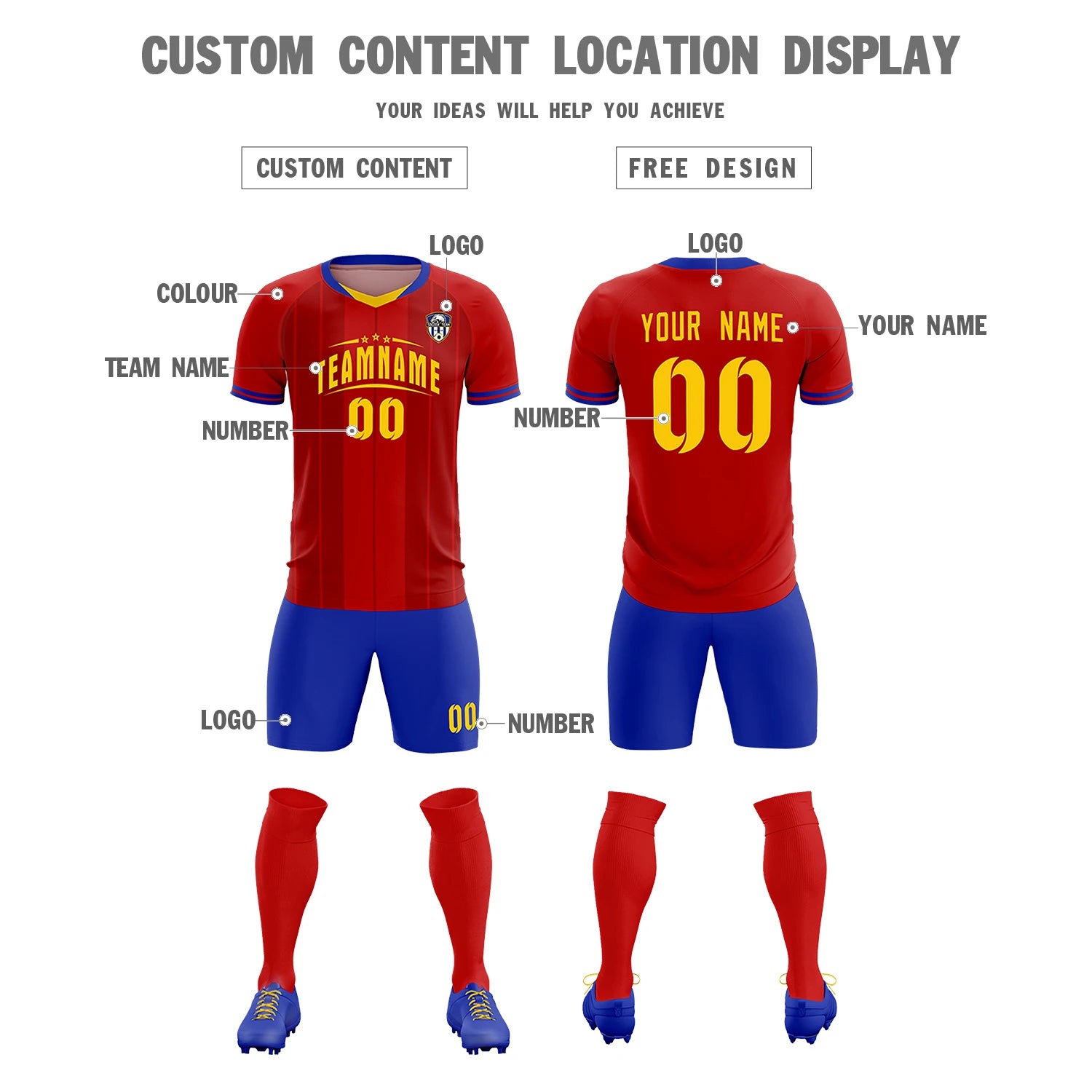 Custom Red Gold 01-Royal Blue Design Uniform Soccer Sets Jersey