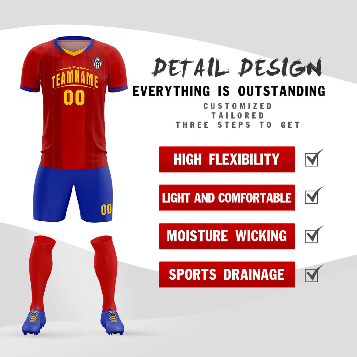 Custom Red Gold 01-Royal Blue Design Uniform Soccer Sets Jersey