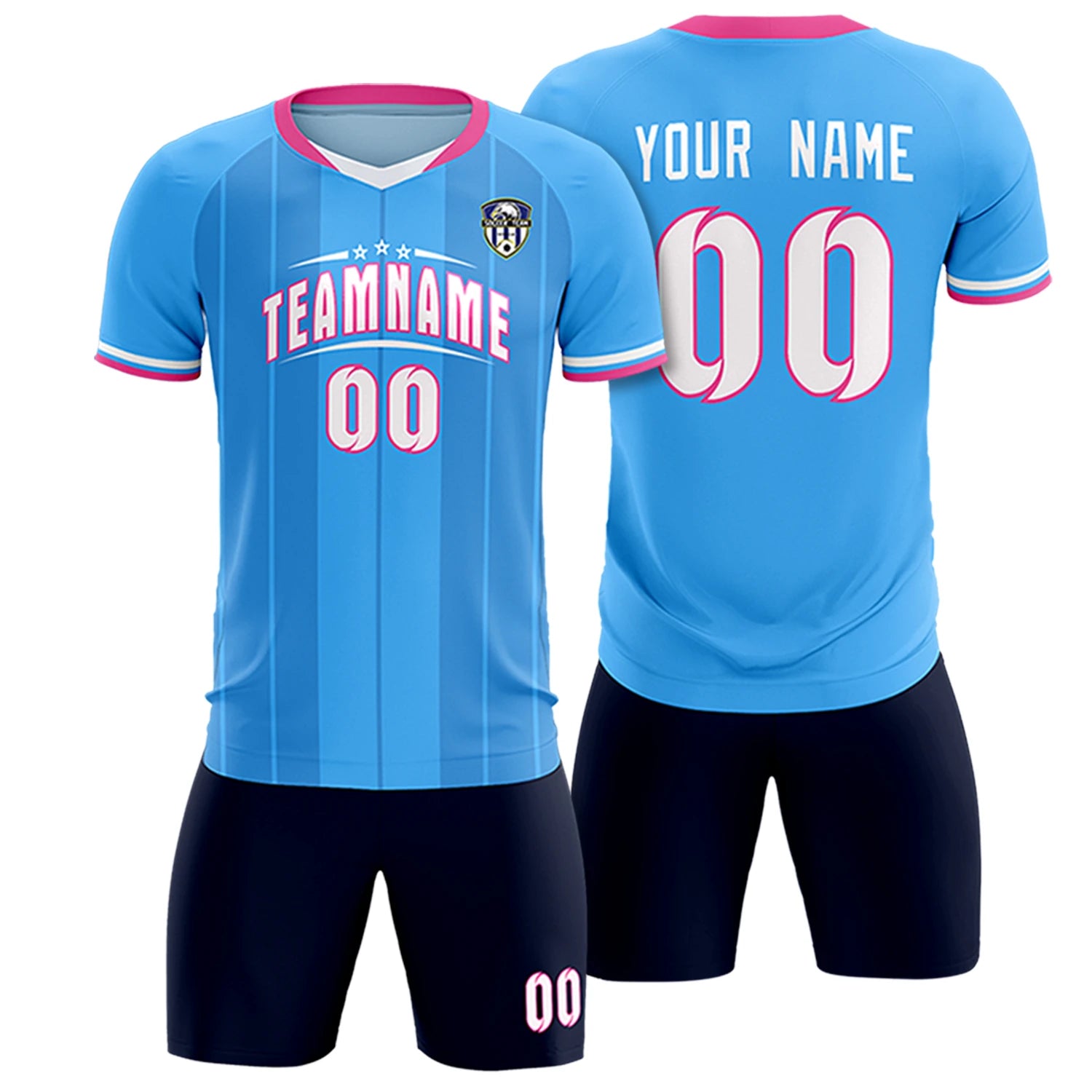 Custom Powder Blue Pink-Navy Design Uniform Soccer Sets Jersey