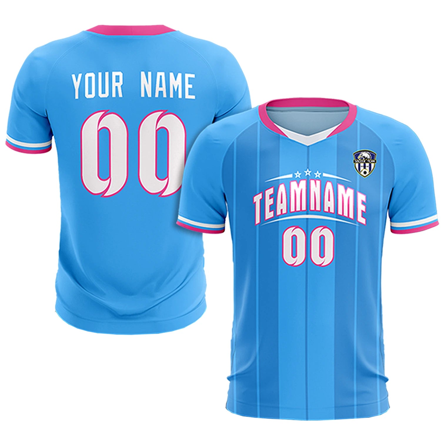 Custom Powder Blue Pink-Navy Design Uniform Soccer Sets Jersey