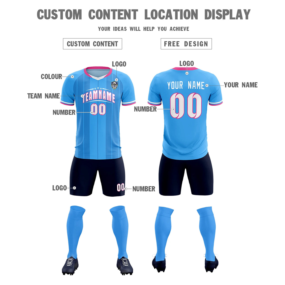 Custom Powder Blue Pink-Navy Design Uniform Soccer Sets Jersey