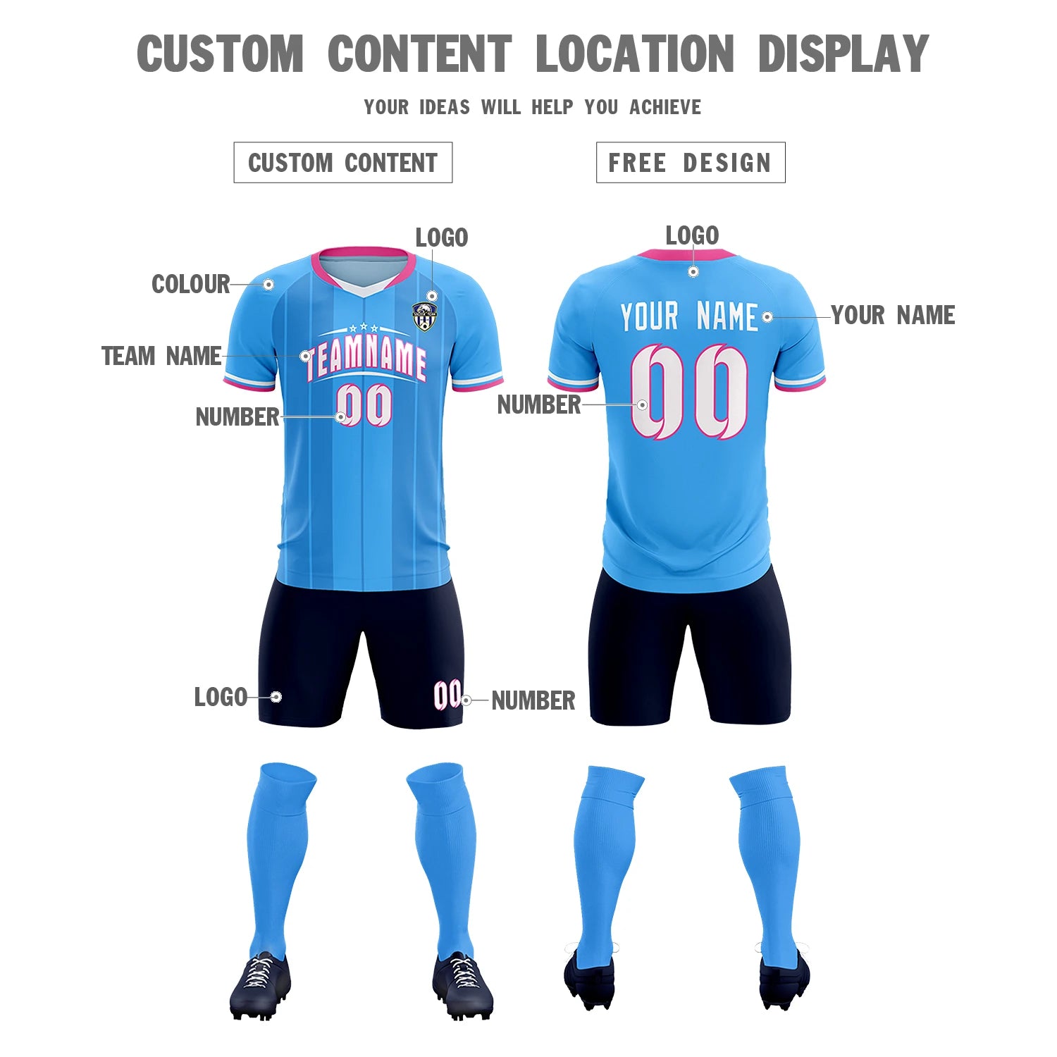 Custom Powder Blue Pink-Navy Design Uniform Soccer Sets Jersey